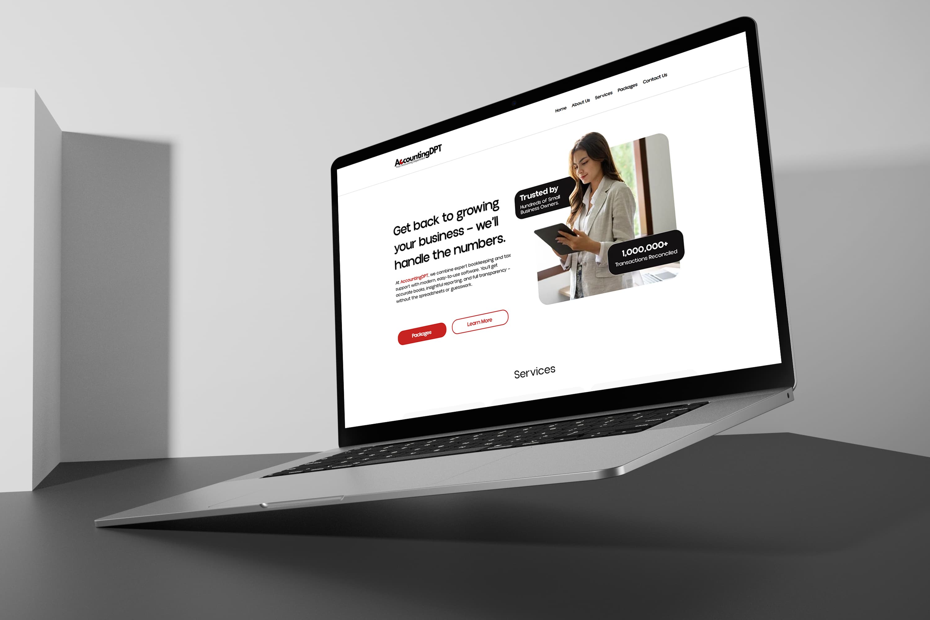 AccountingDPT homepage hero on a laptop — “Get back to growing your business, we’ll handle the numbers”