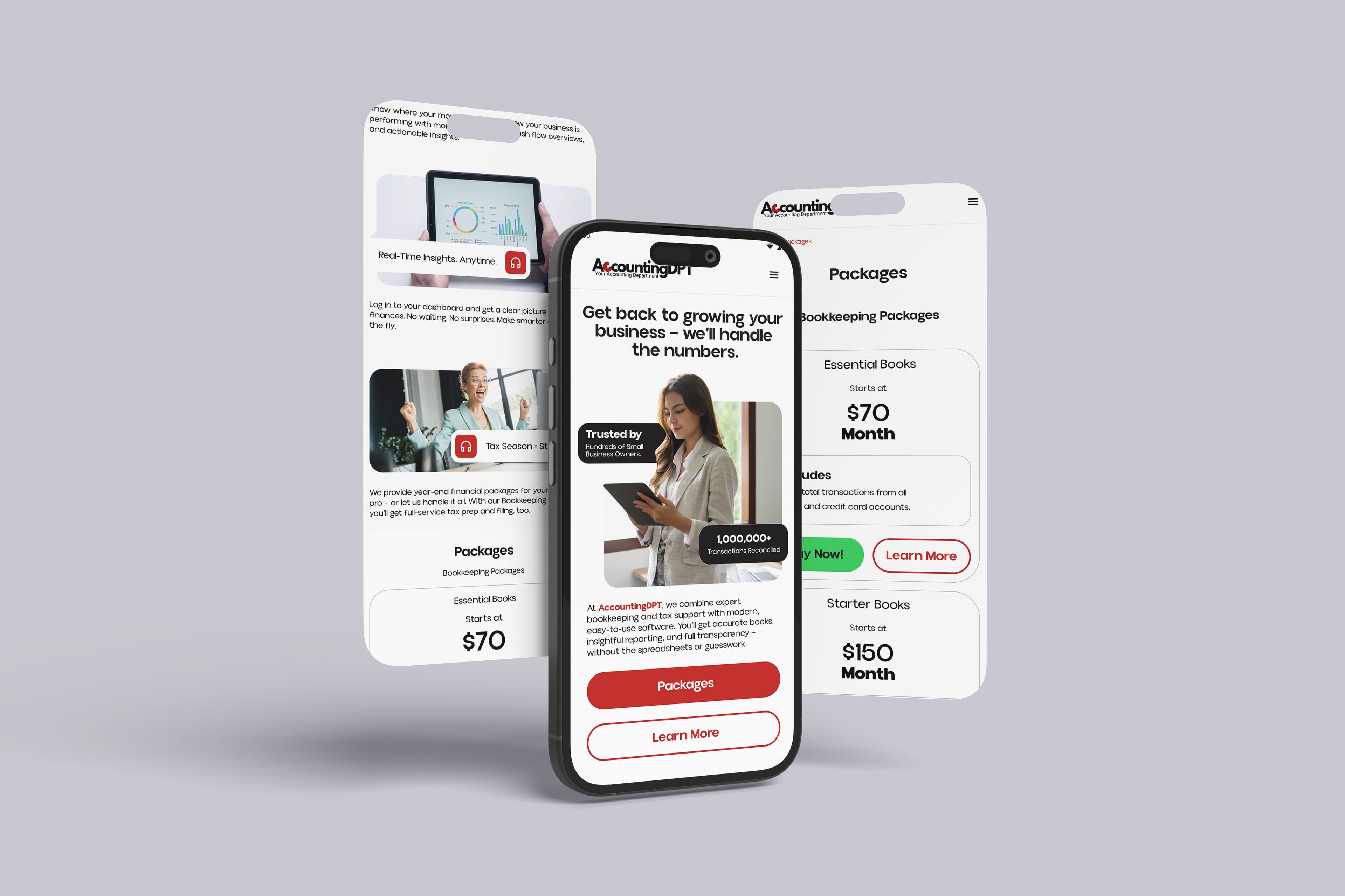 AccountingDPT responsive mobile design on three phones — homepage hero, real-time insights dashboard, and bookkeeping packages
