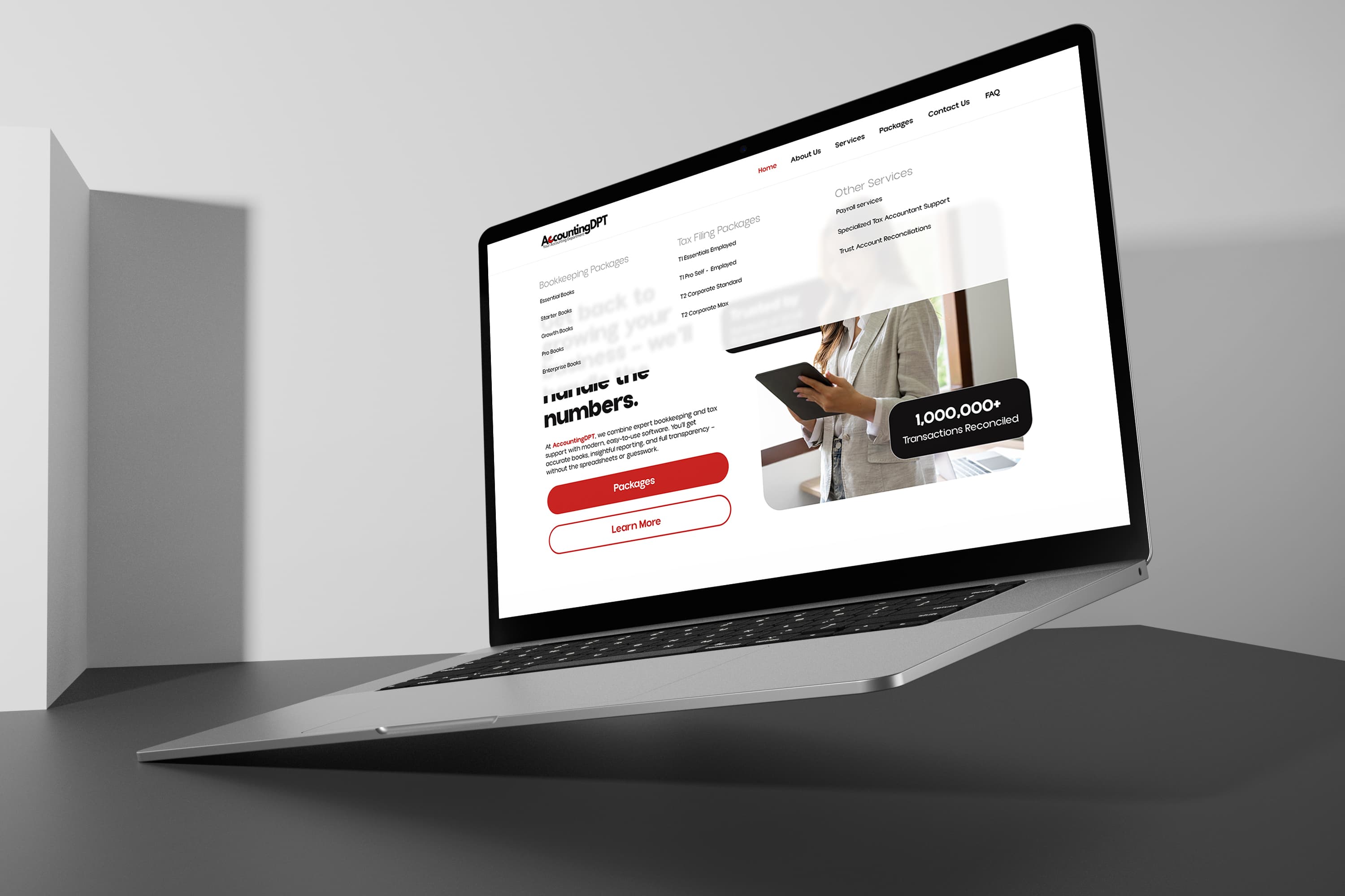 AccountingDPT expanded navigation menu listing bookkeeping, tax filing and other services