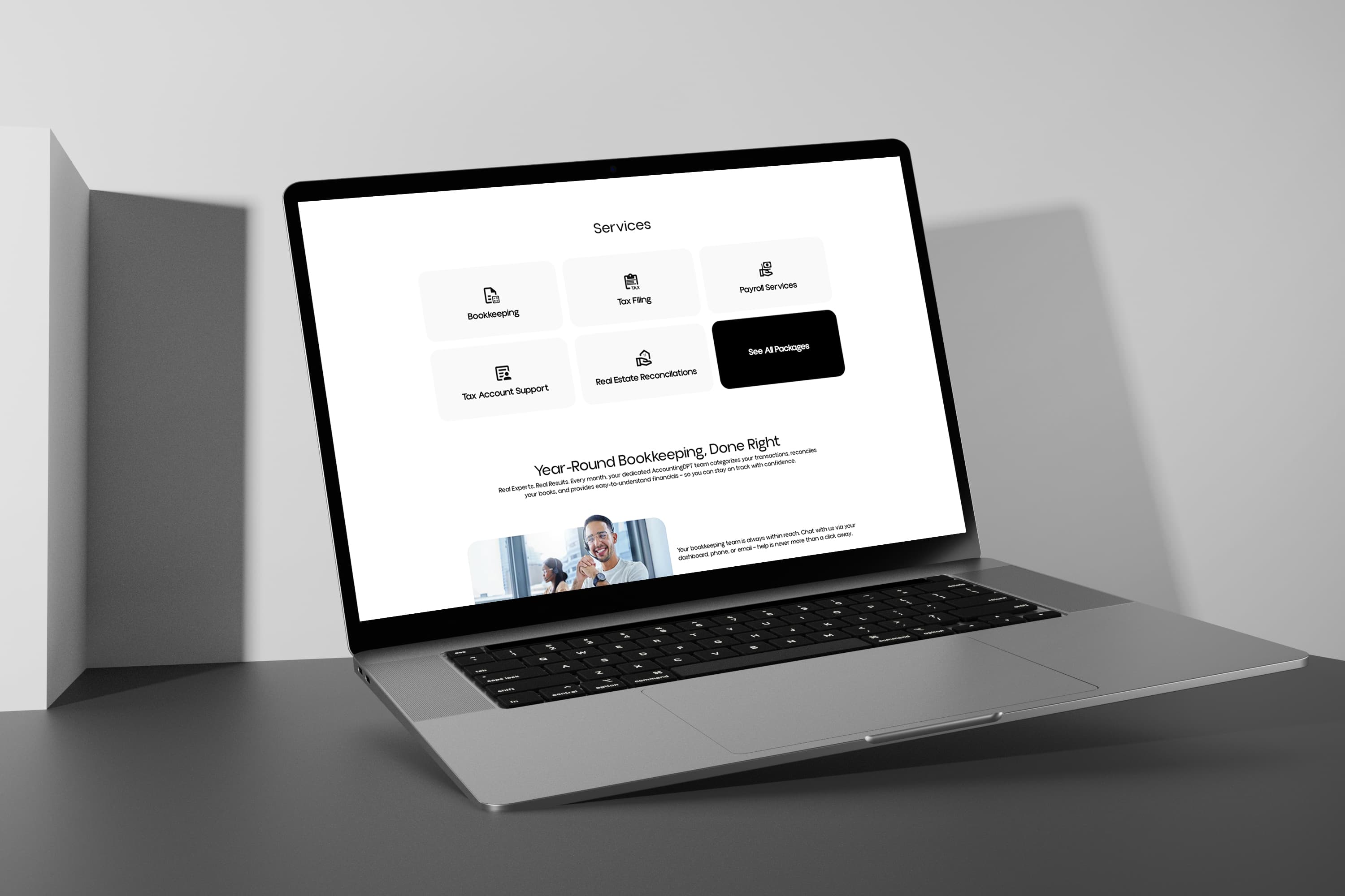 AccountingDPT services section — bookkeeping, tax filing, payroll and support cards
