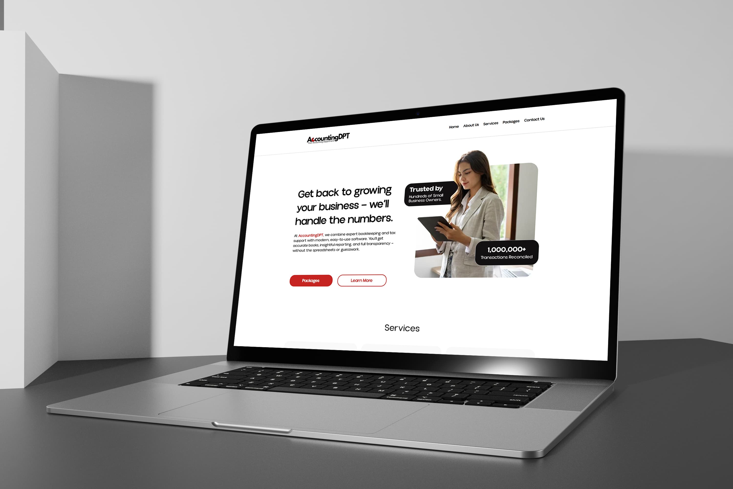 AccountingDPT homepage — “Get back to growing your business, we’ll handle the numbers” — shown on a laptop