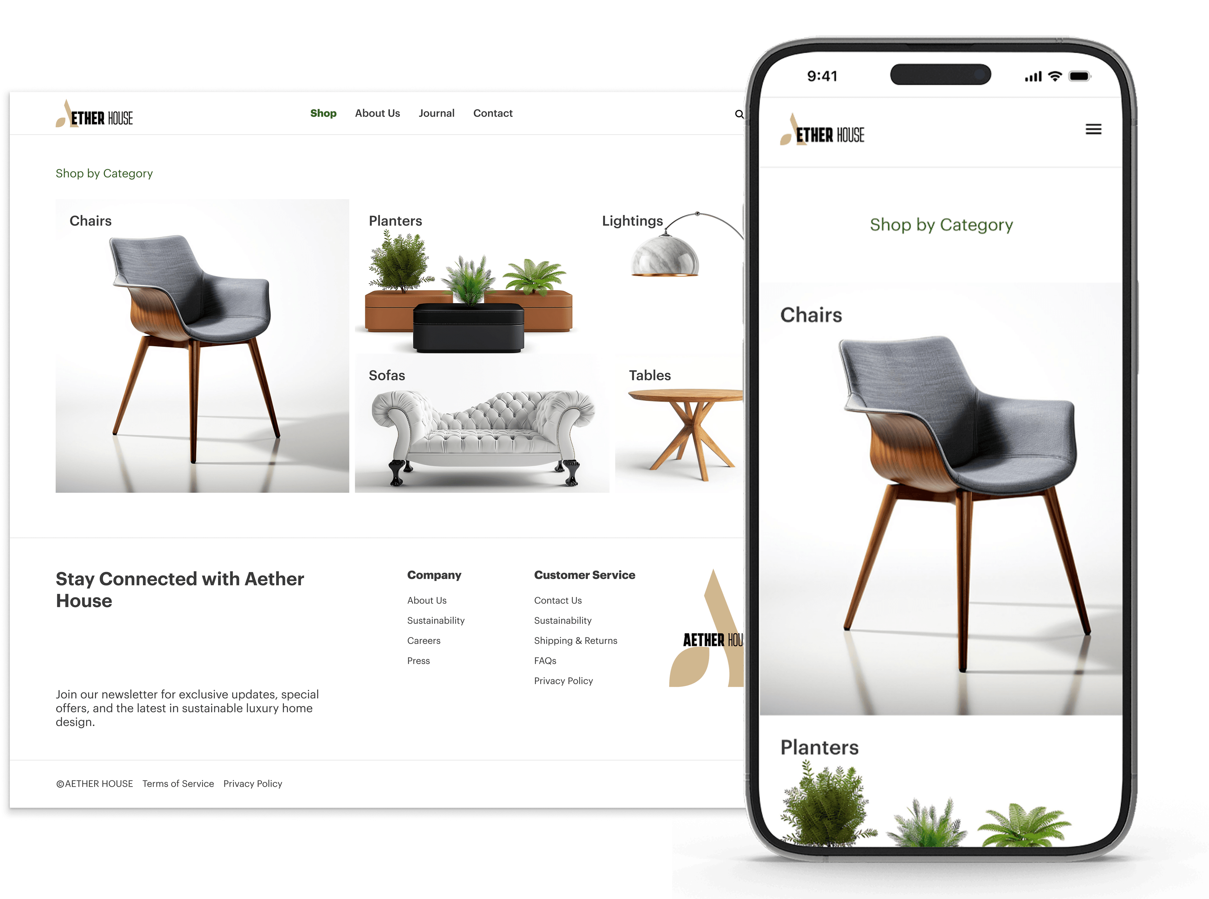 Aether House shop-by-category page on desktop and phone