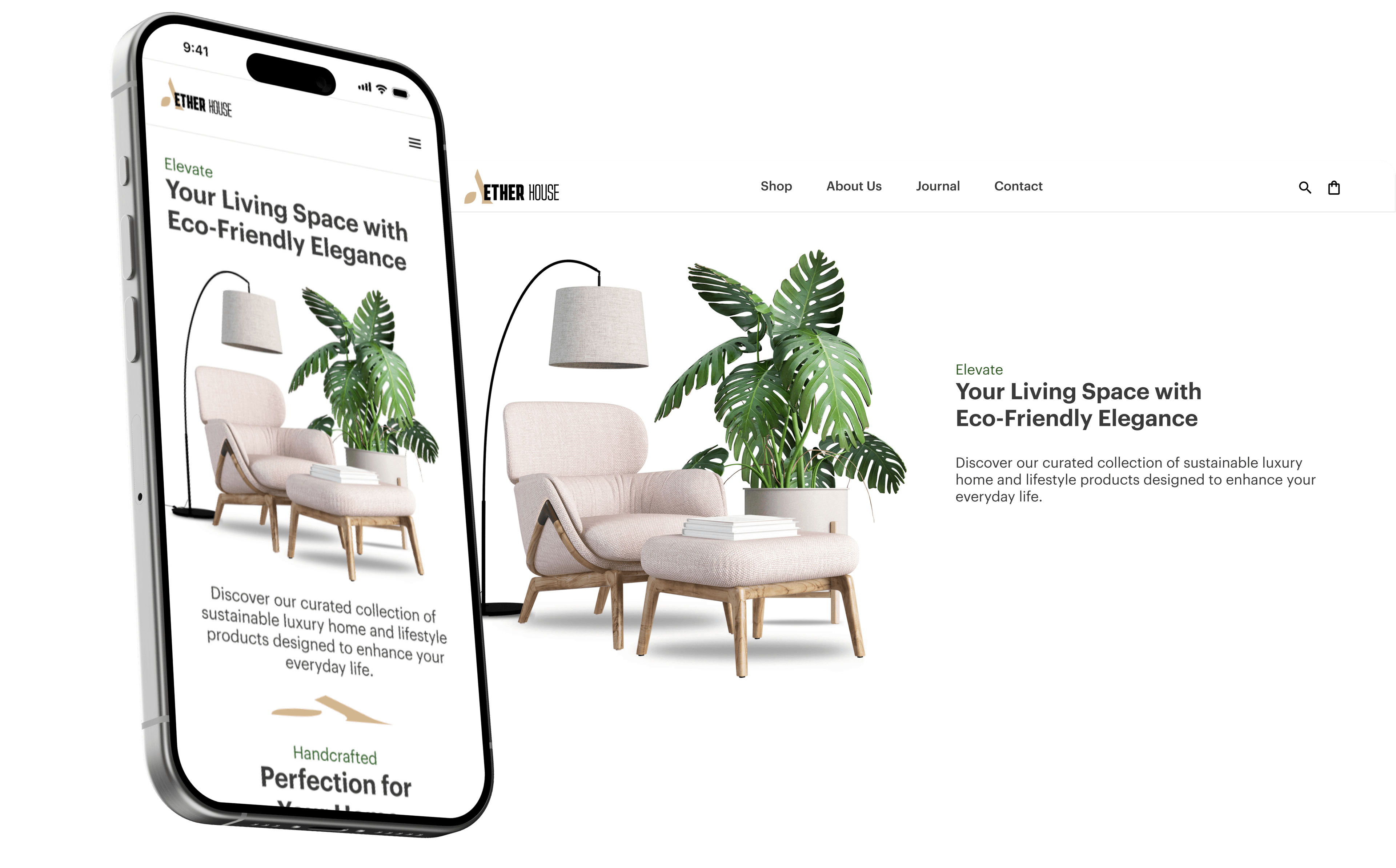 Aether House homepage hero shown on desktop and mobile
