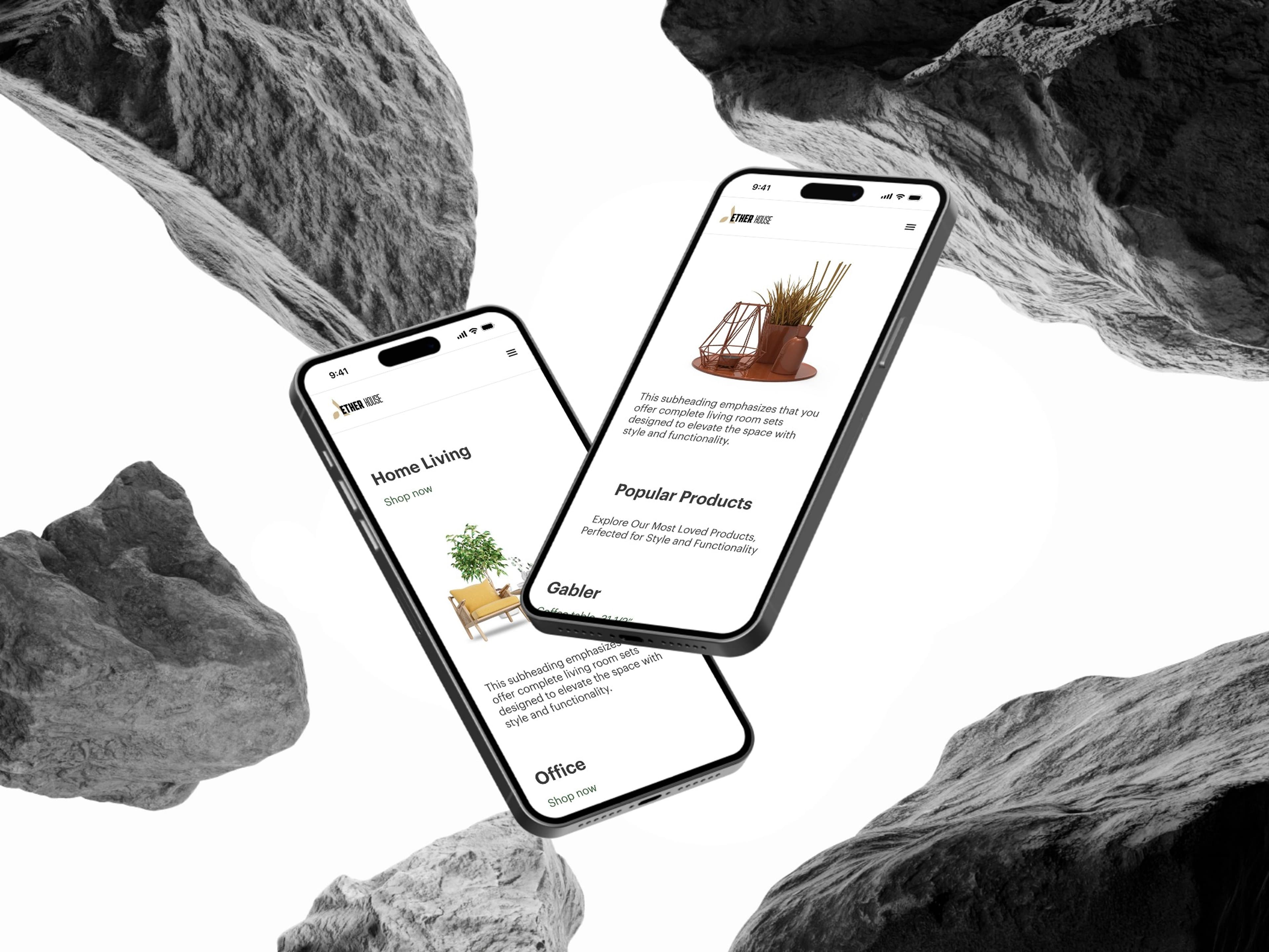 Aether House mobile screens set against a rocky landscape