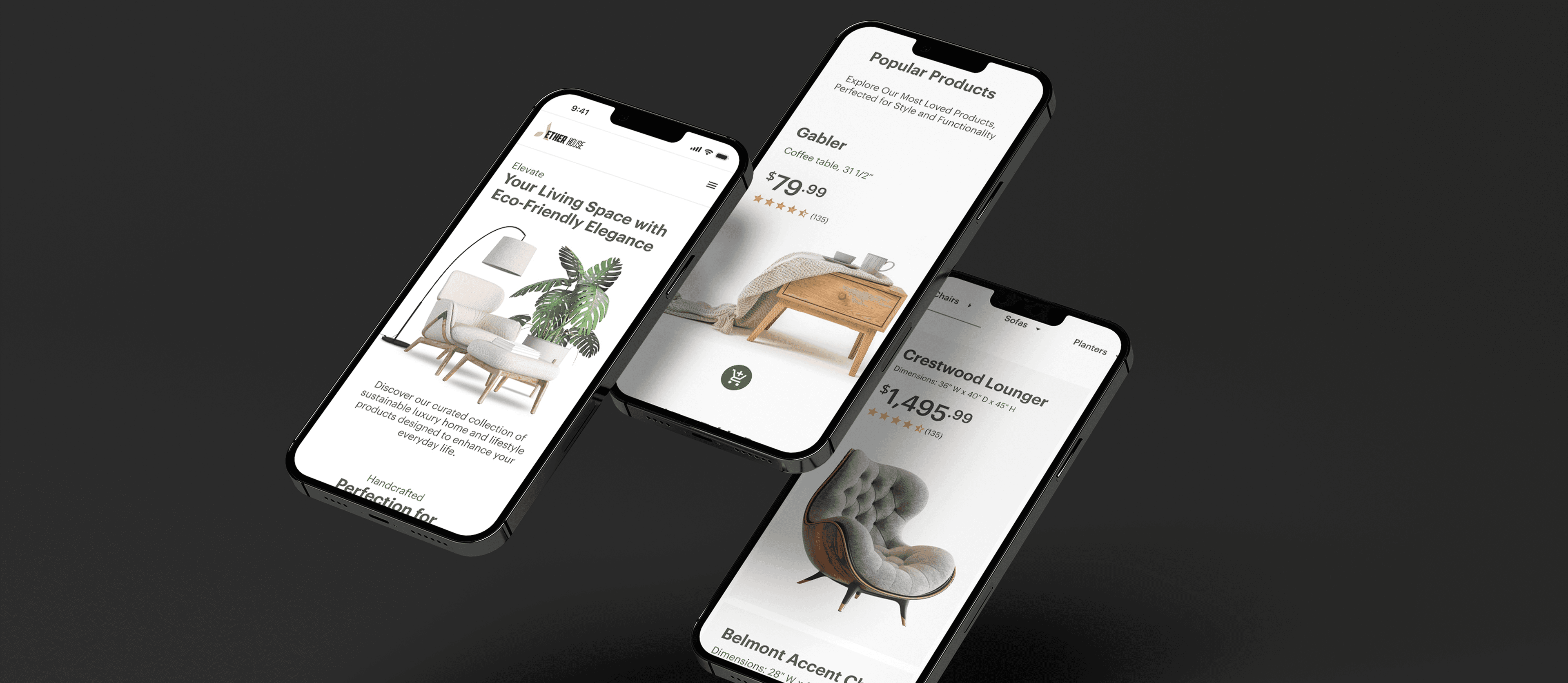 Three Aether House phone mockups floating on a dark backdrop