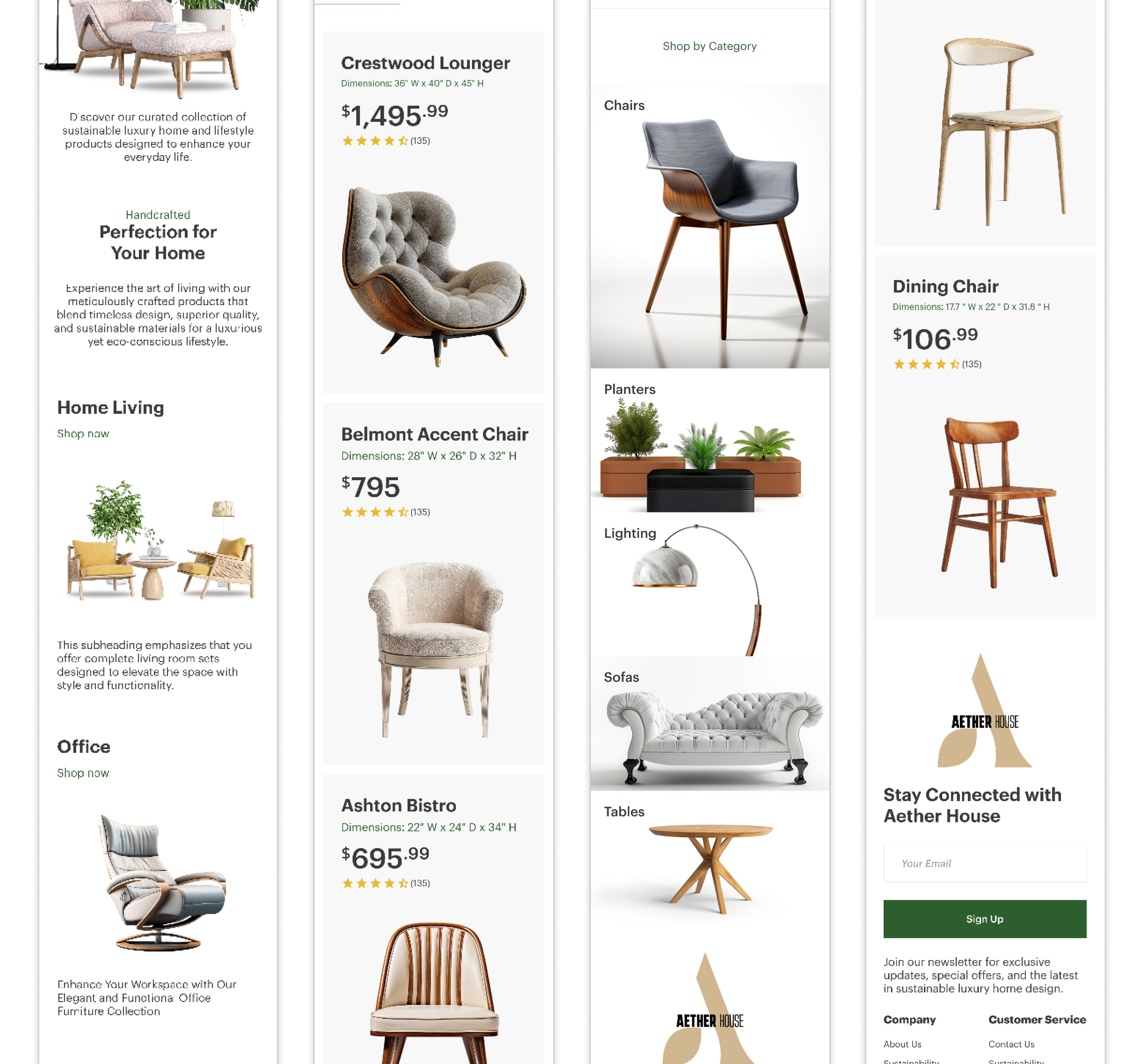 Overview of Aether House screens and product detail layouts