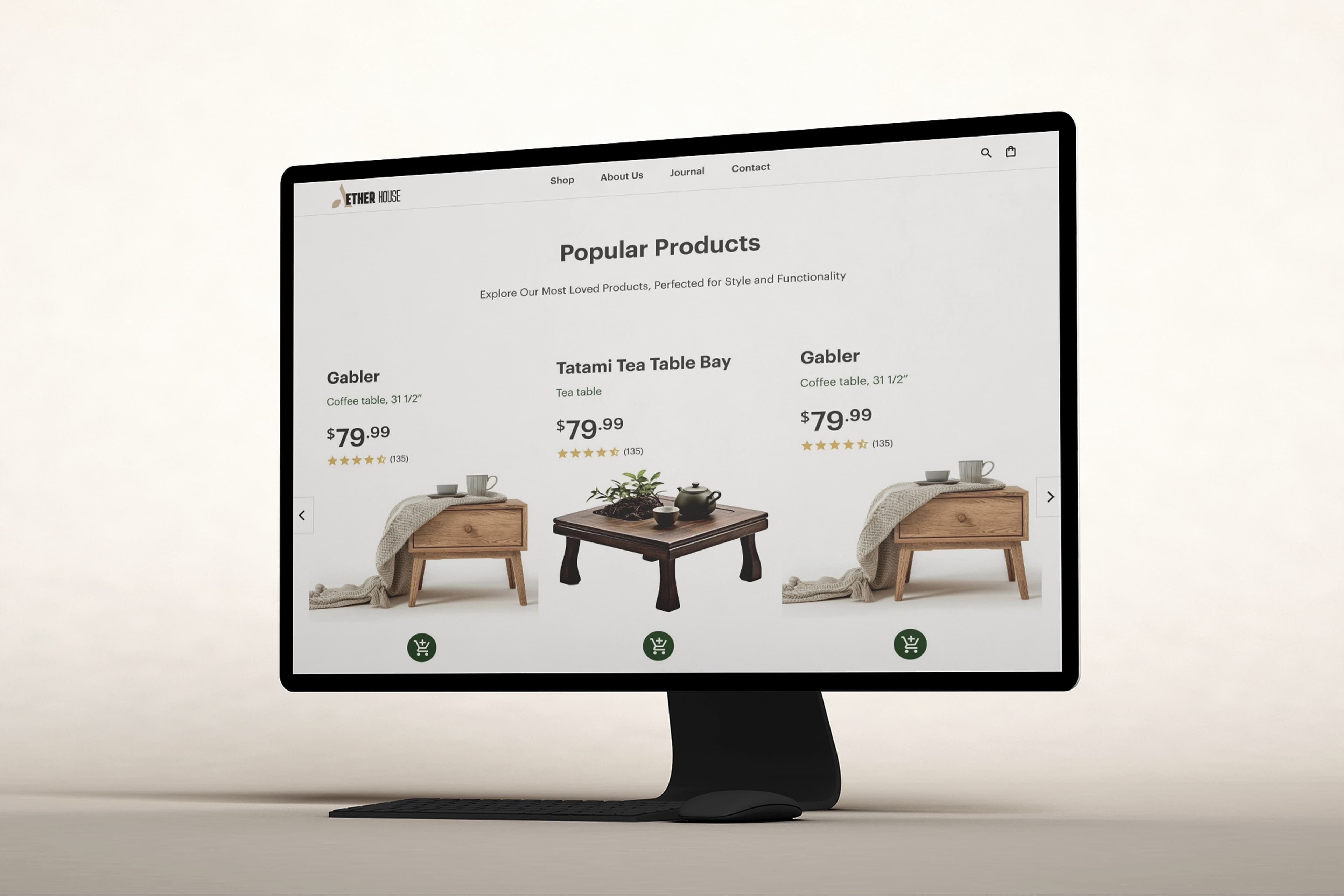 Aether House popular products section on a desktop monitor