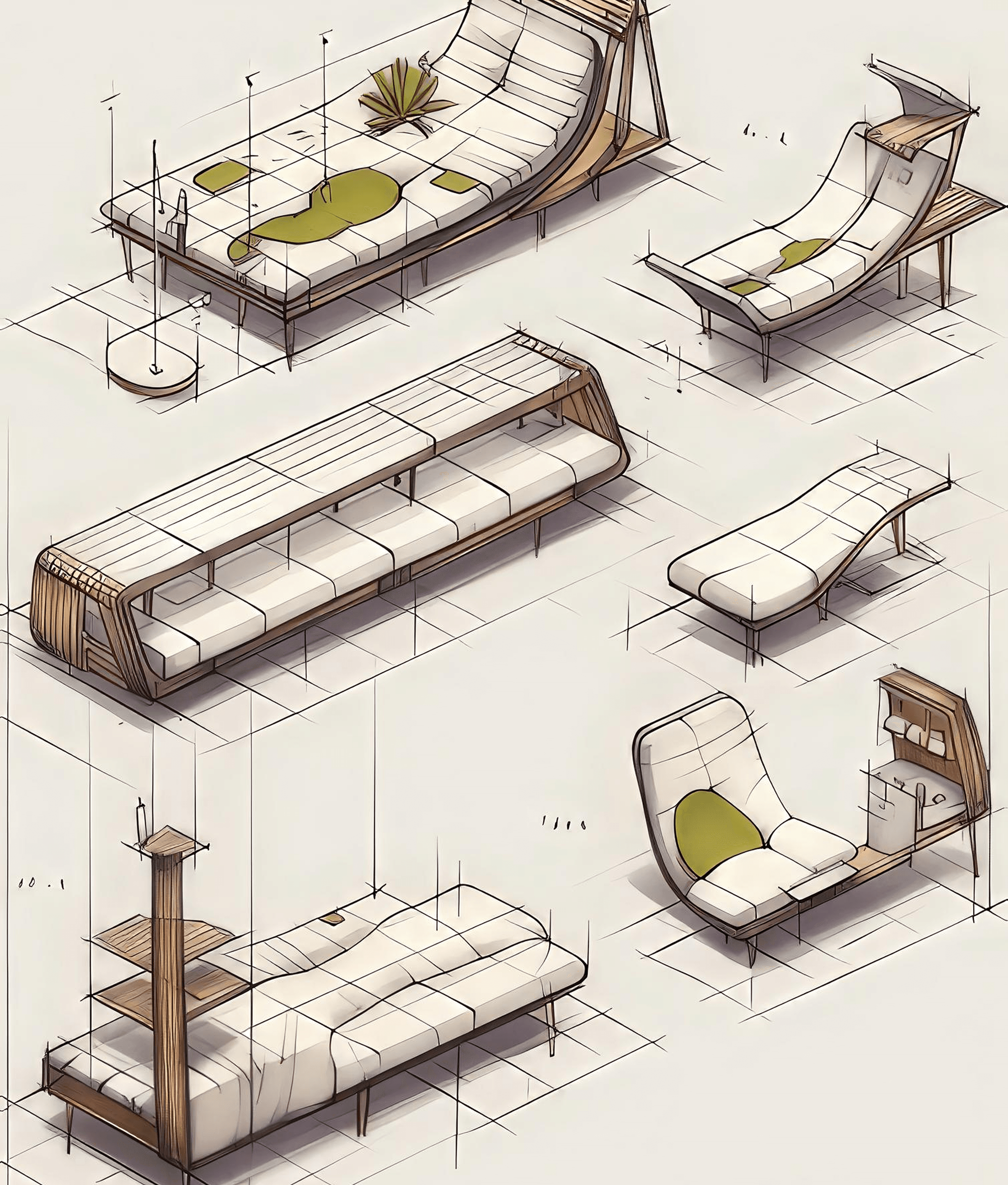 Hand-drawn isometric concept sketches of Aether House furniture
