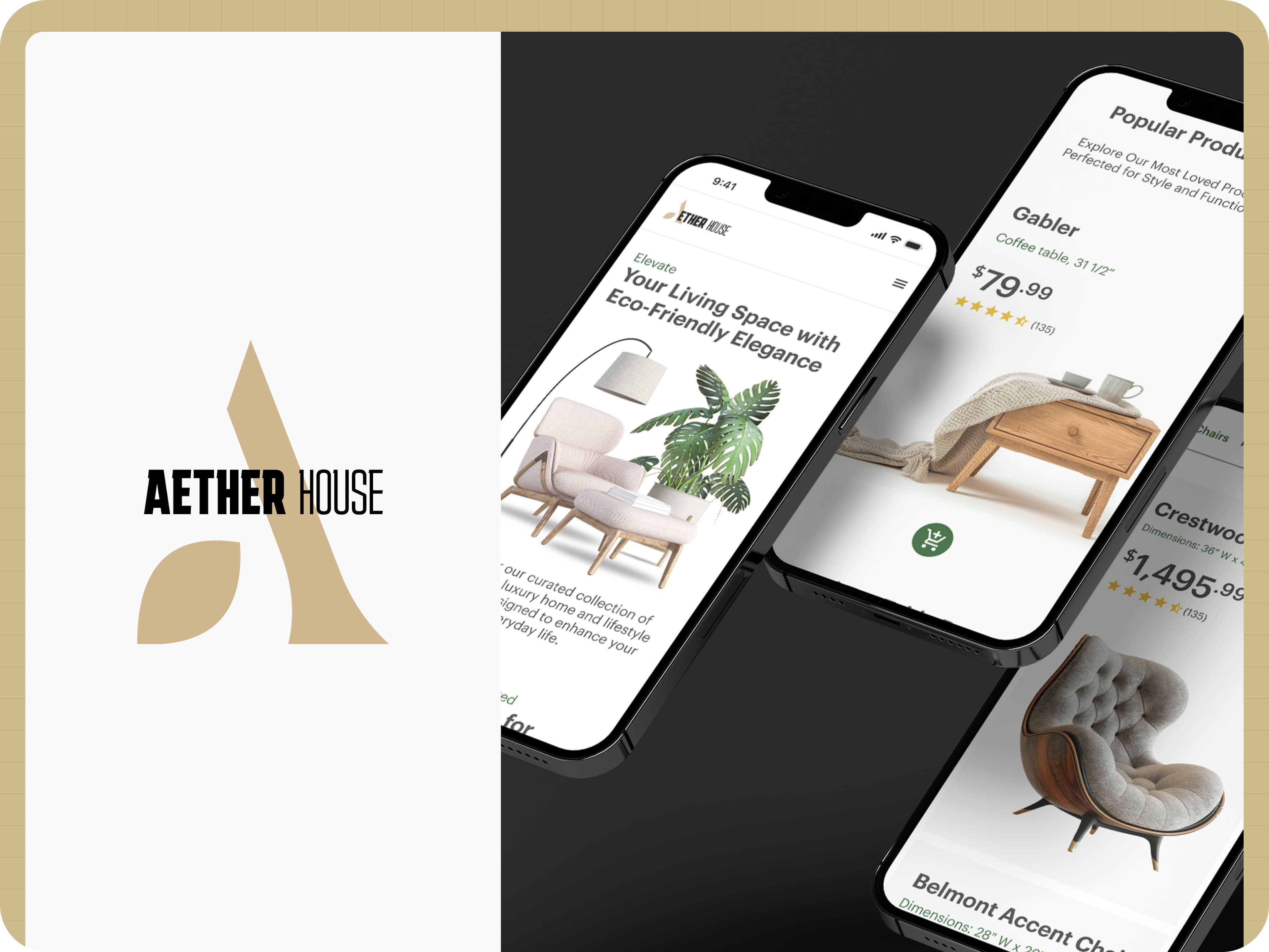 Aether House — eco-friendly home & lifestyle app shown across phone mockups beside the Aether House logo