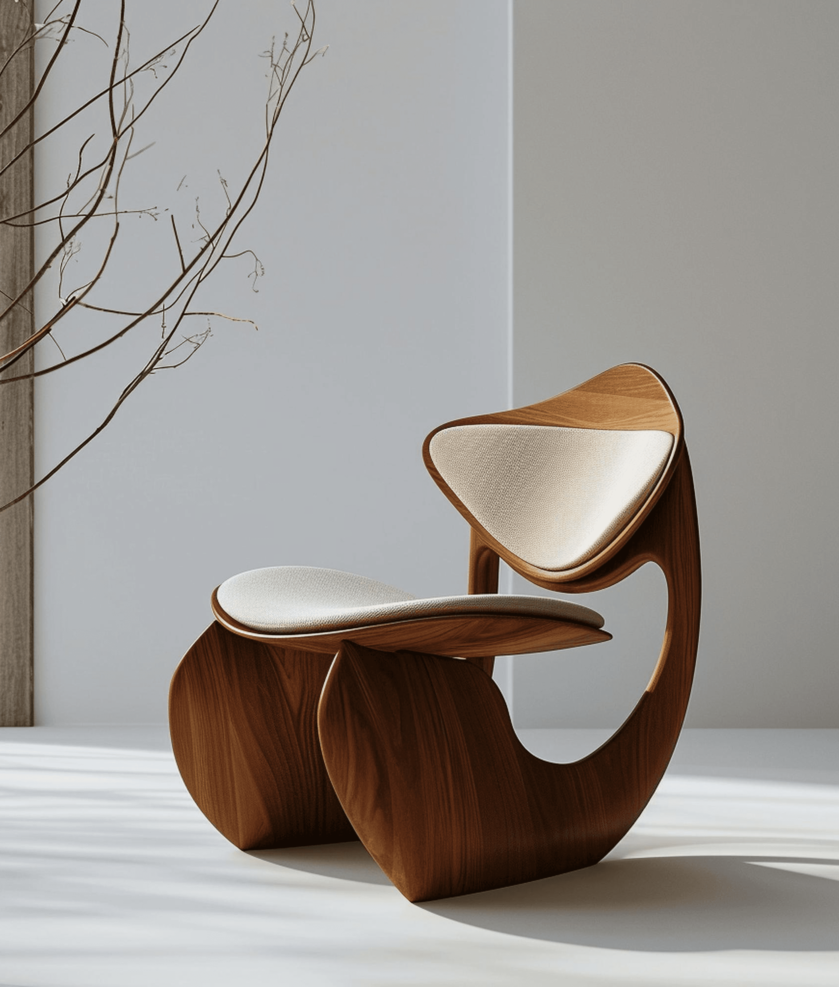A sculptural curved-walnut lounge chair with a woven cushion