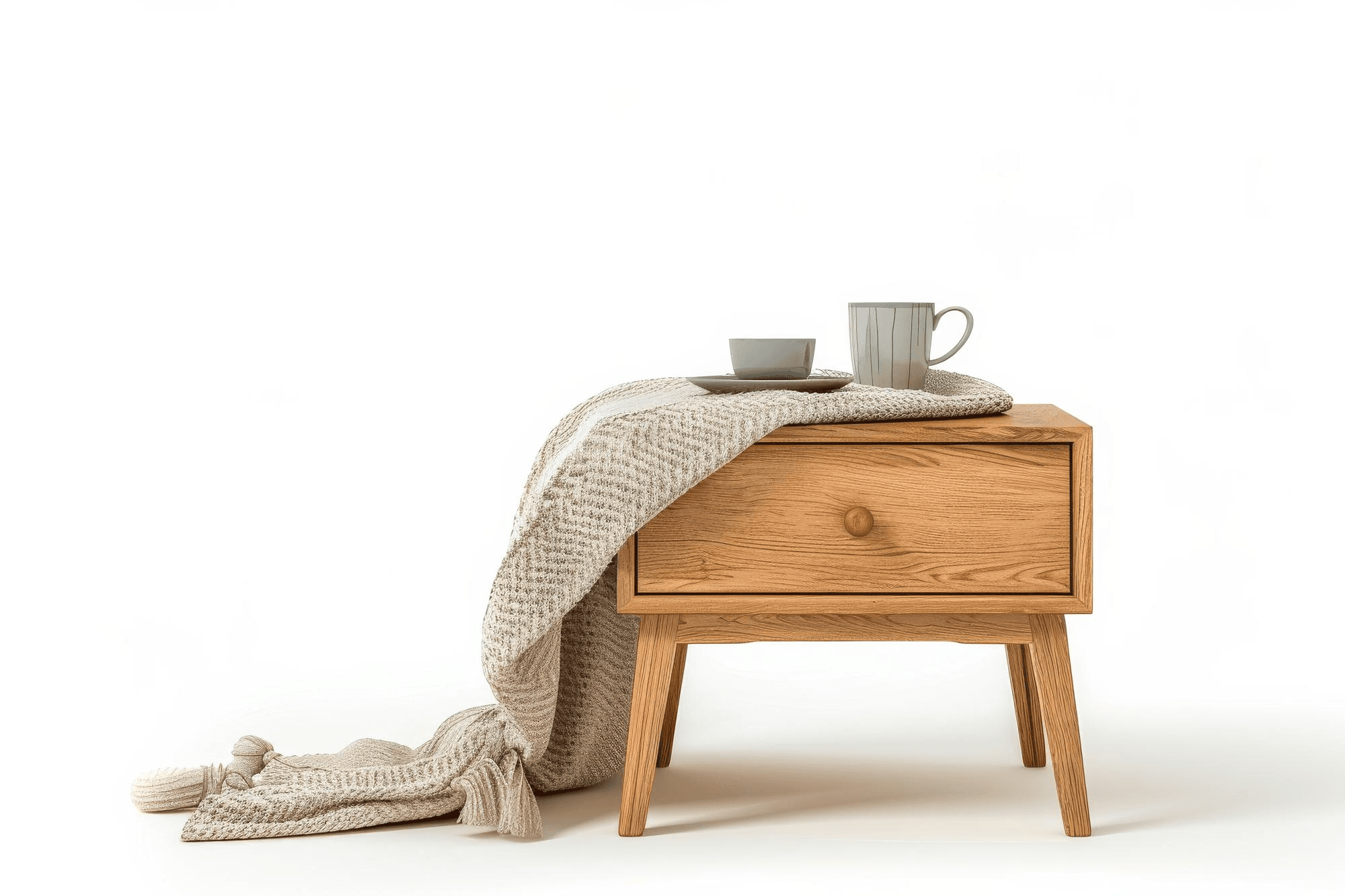 Walnut coffee table styled with a knit throw