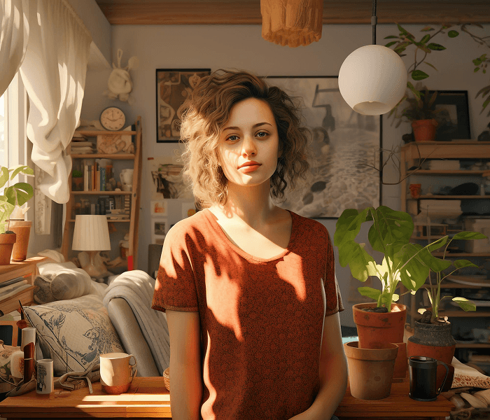 Sophie, an eco-conscious interior designer, in a sunlit plant-filled room