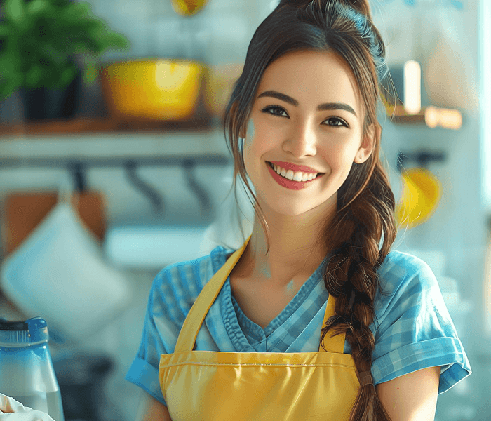 Emily, a first-time homeowner, smiling in a bright kitchen