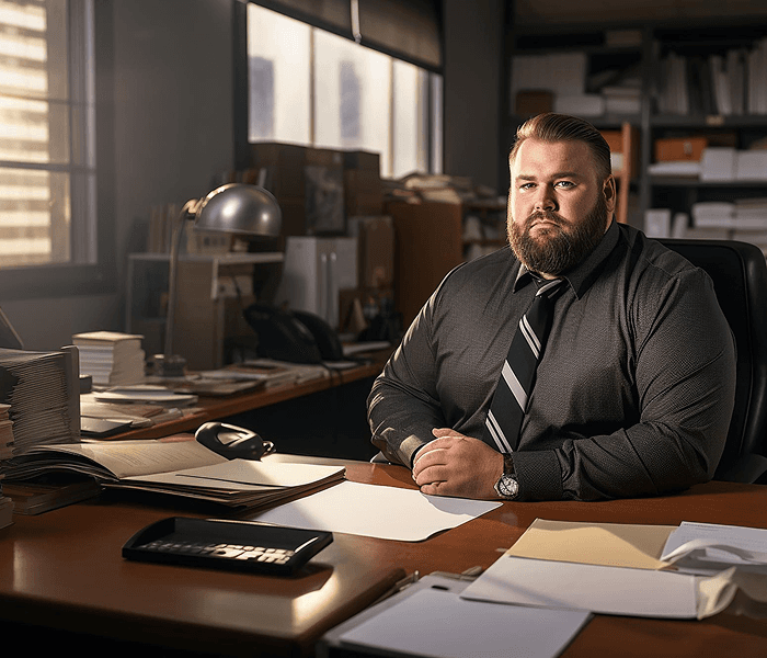 Michael, a finance executive, at his desk in a dim office