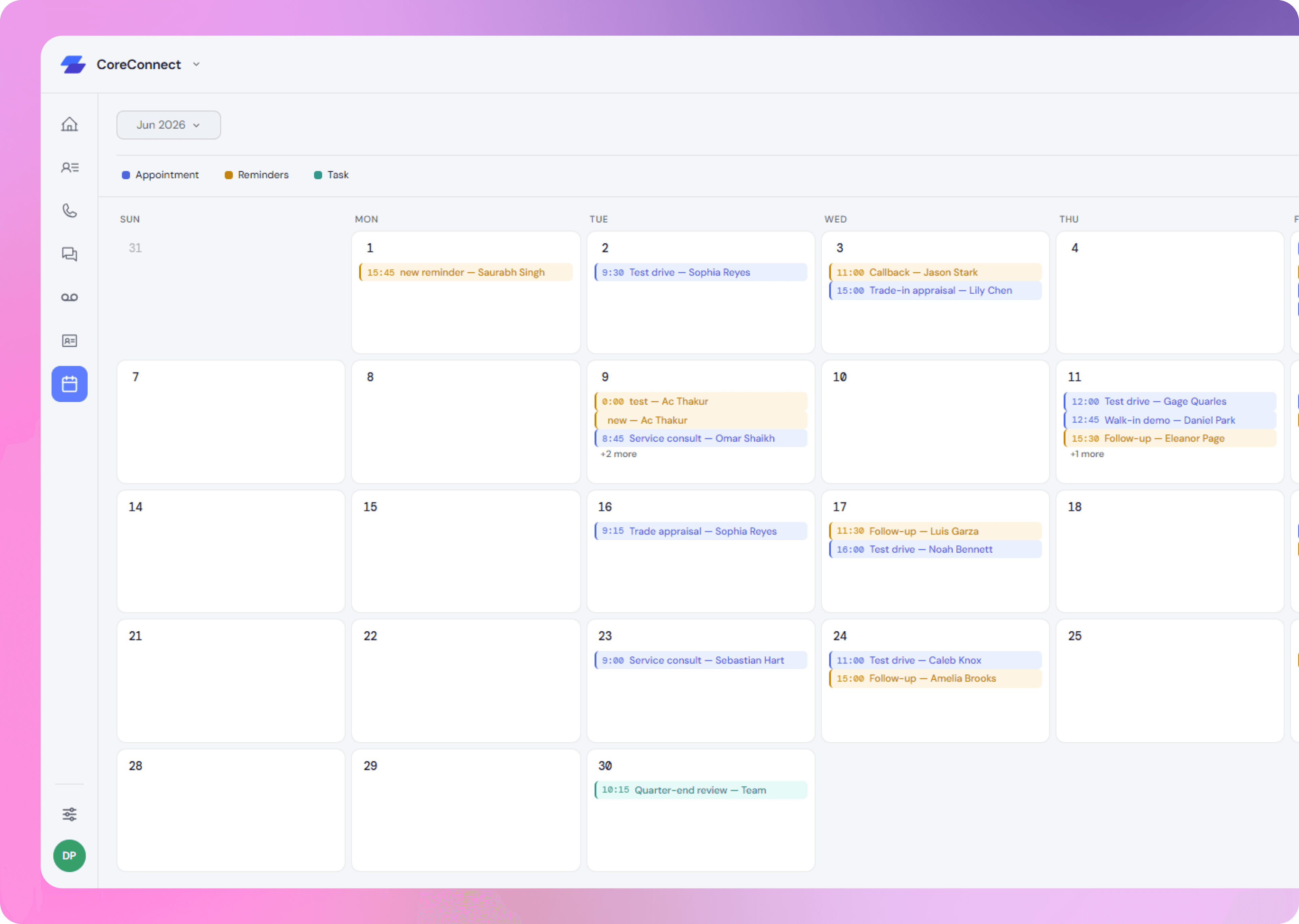 CoreConnect desktop calendar — month view with colour-coded appointments, reminders and tasks