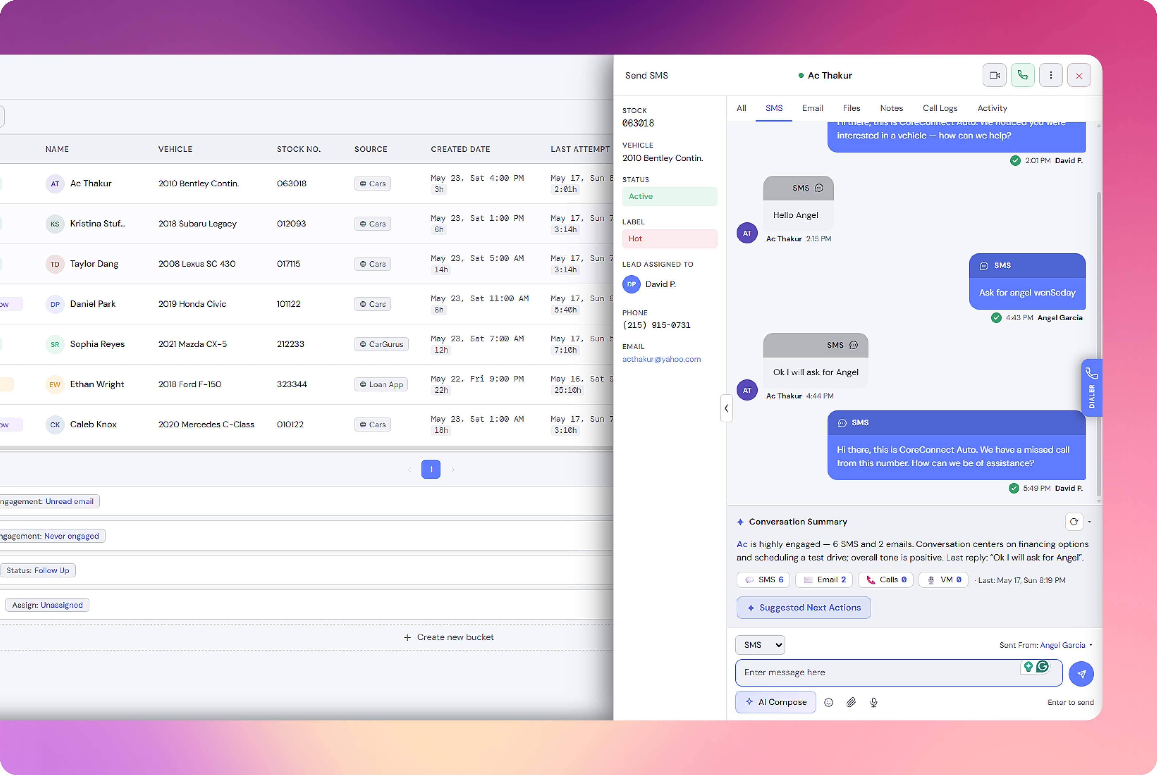 CoreConnect lead detail — SMS conversation with contact info, AI conversation summary and suggested next actions