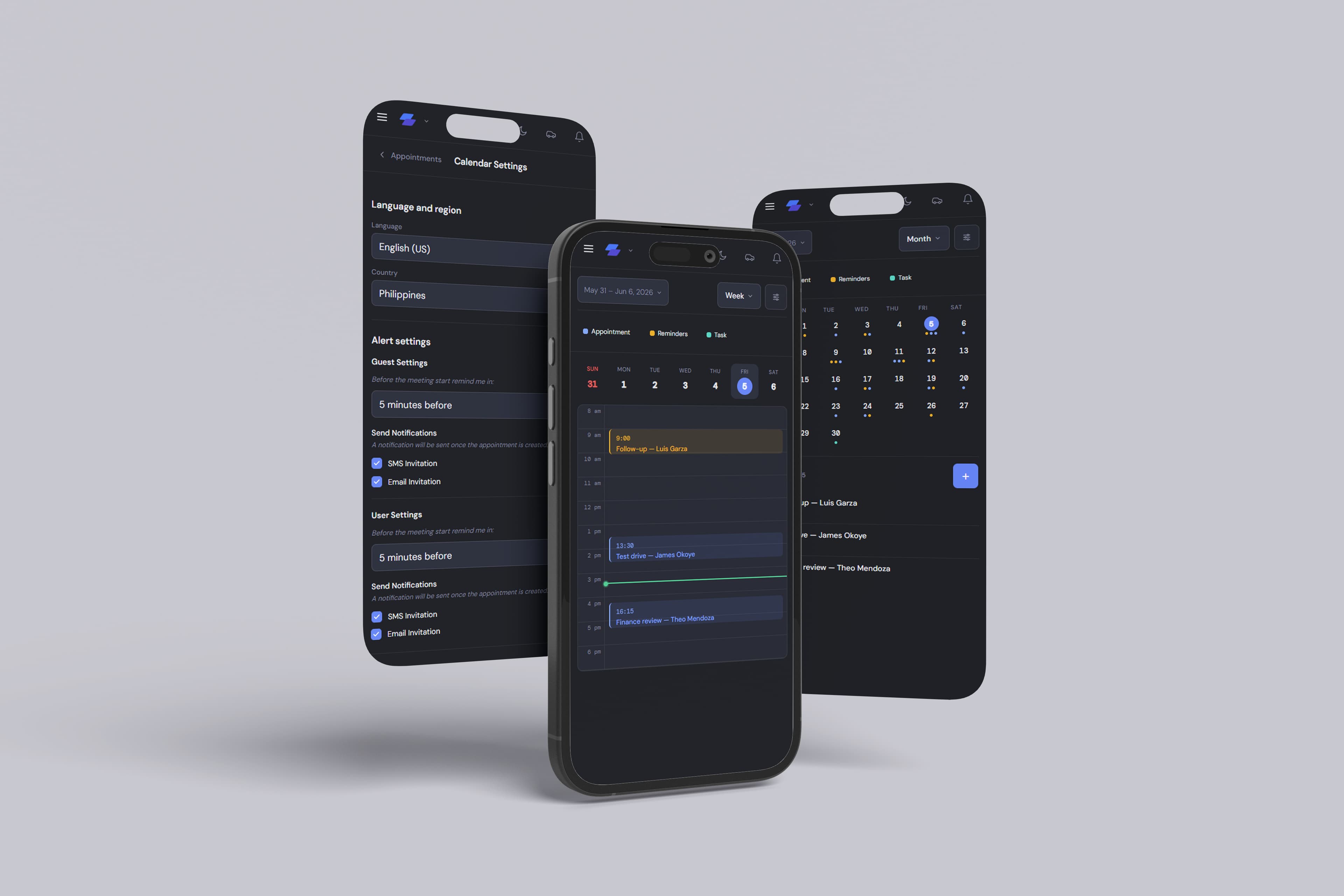 CoreConnect mobile calendar on three phones — week and month appointment views with calendar settings
