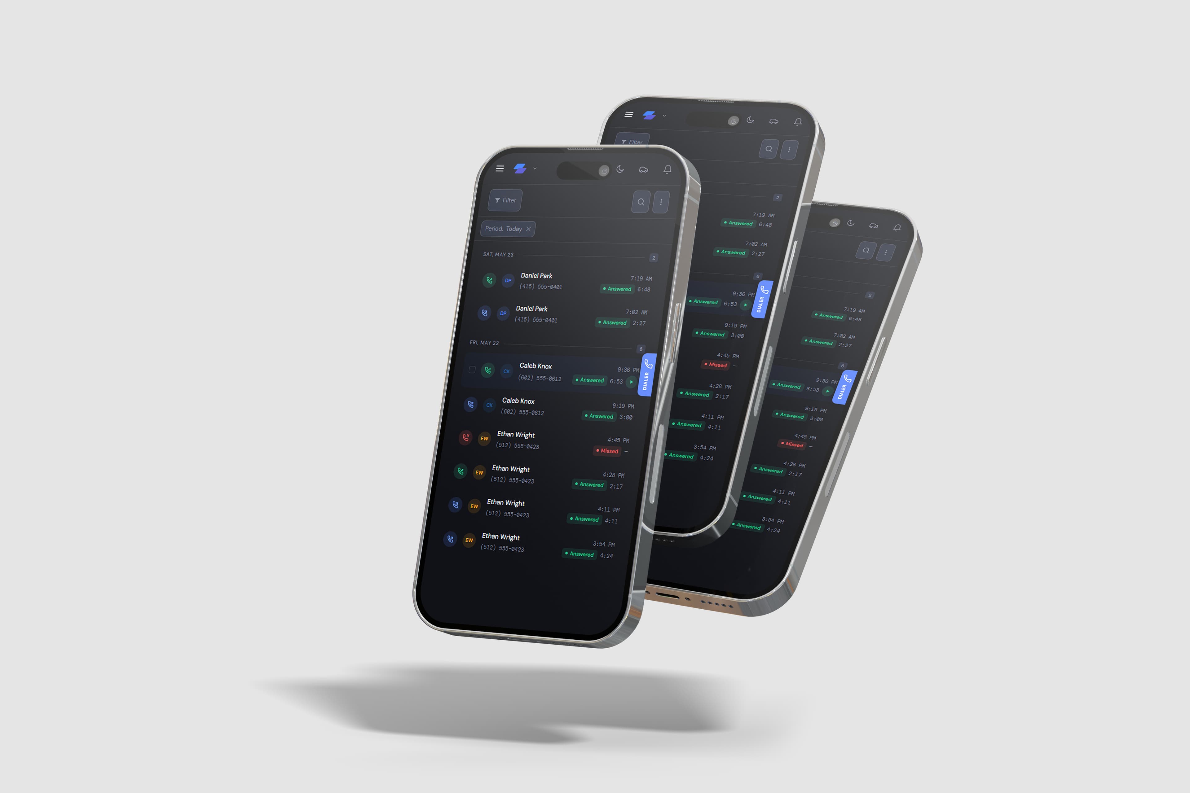 CoreConnect mobile call history on three phones — dark-theme call log with answered and missed calls