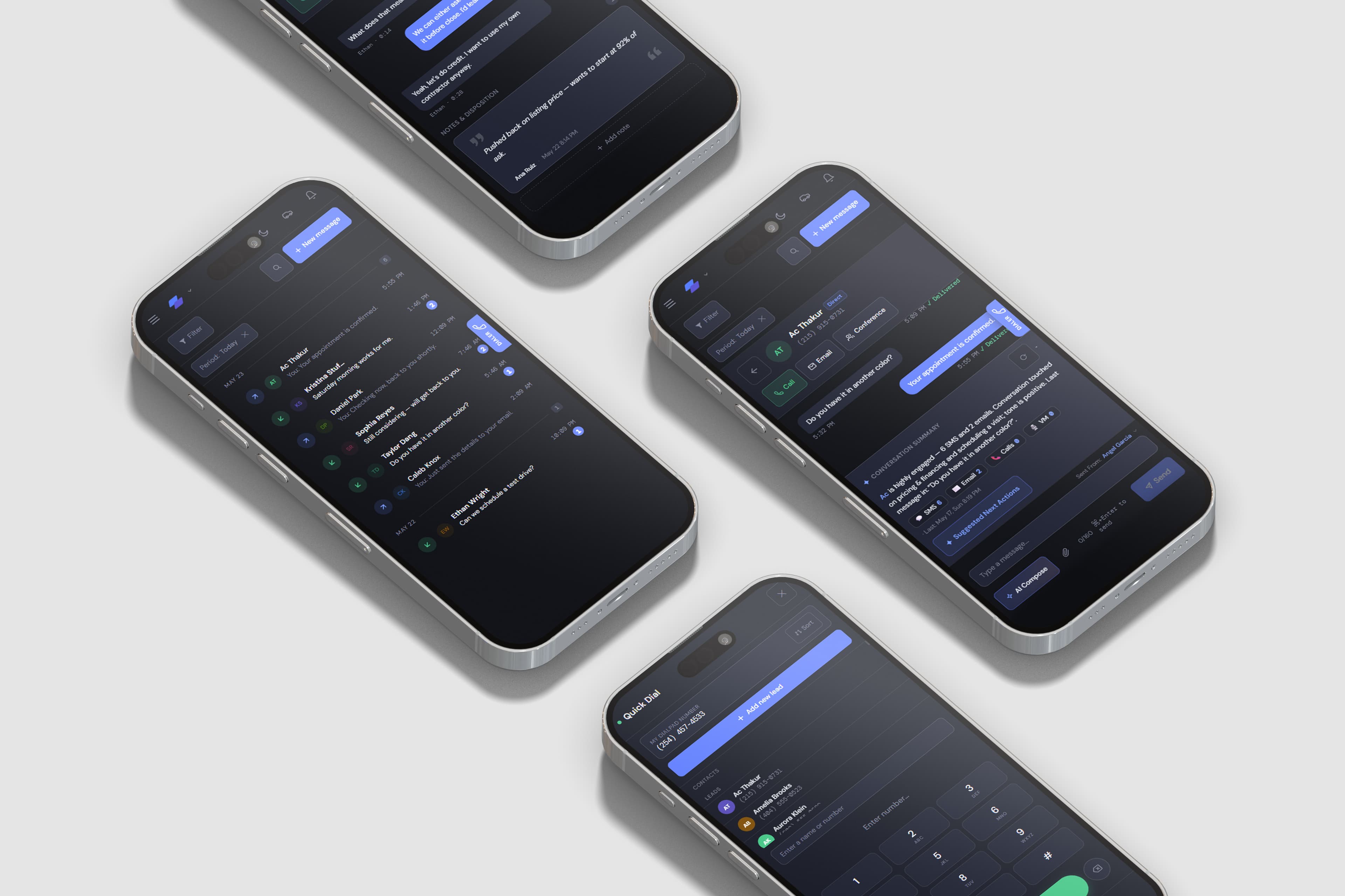CoreConnect mobile app on four phones — message inbox, conversation with AI summary and quick dial