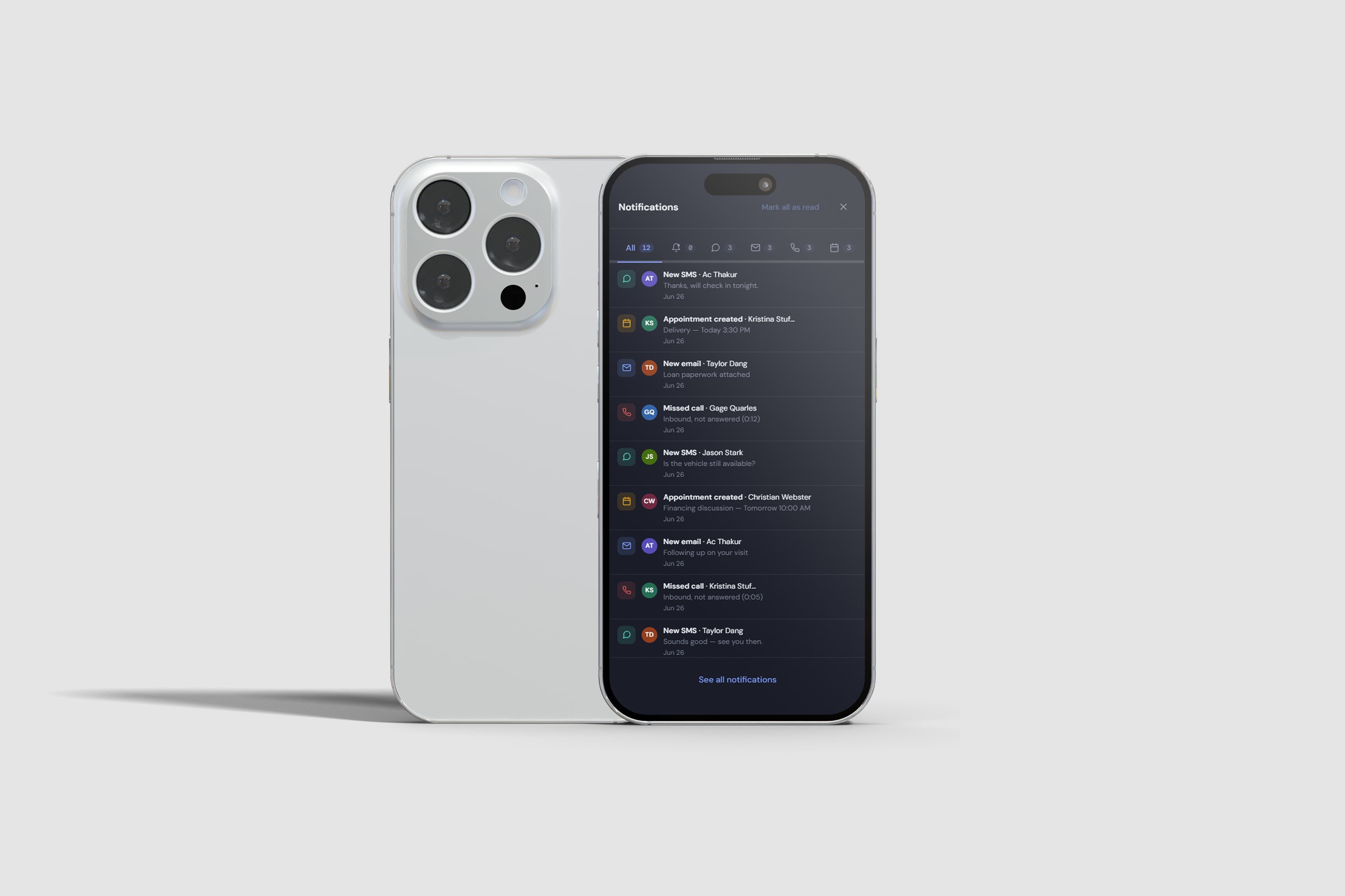CoreConnect mobile notifications — new SMS, email, missed call and appointment alerts