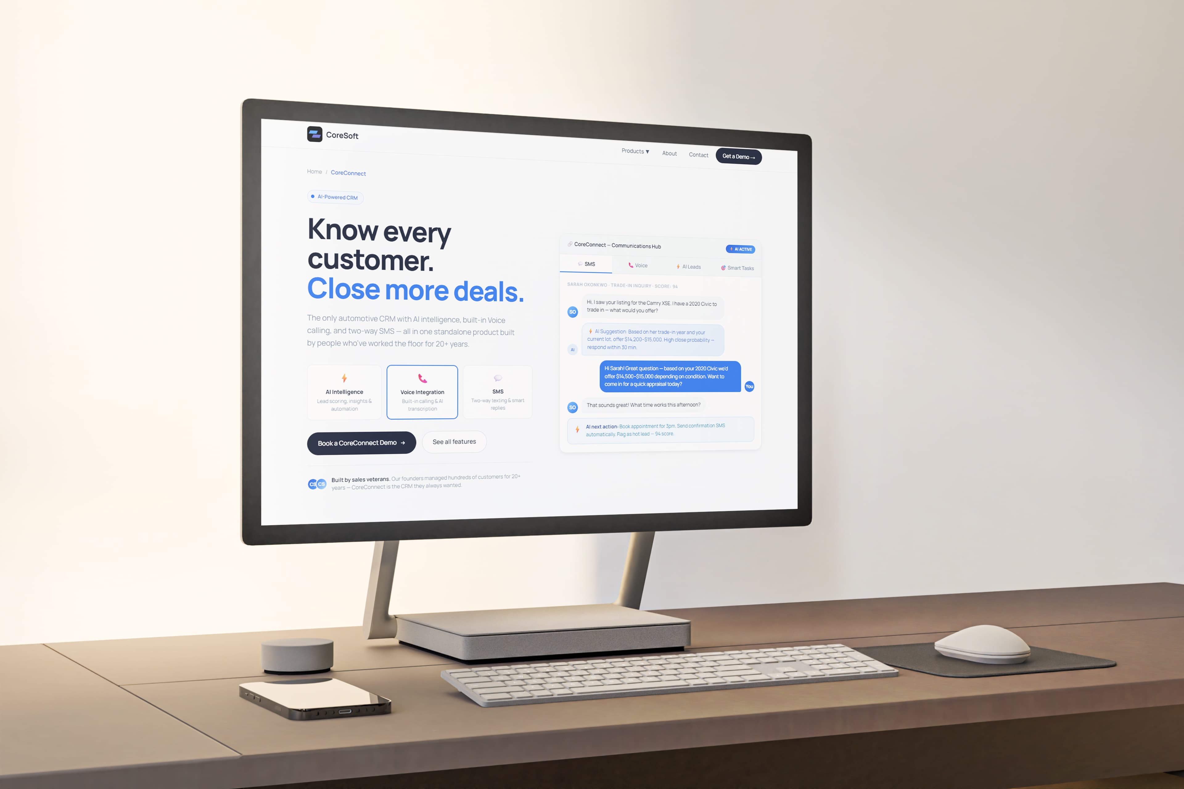 Coresoft CoreConnect landing page — “Know every customer. Close more deals.” AI CRM with SMS, voice and AI leads