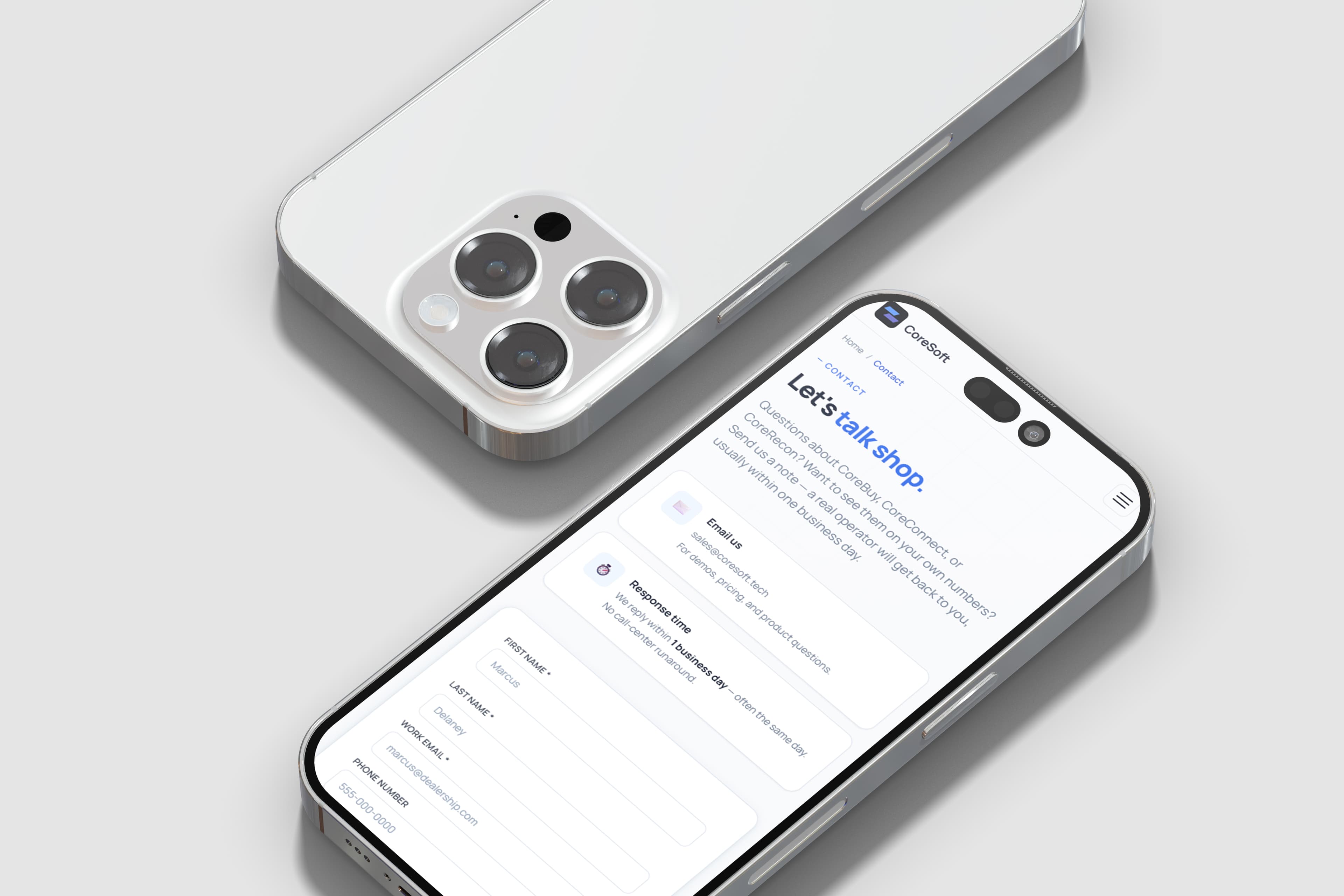 Coresoft mobile contact page — “Let's talk shop.” with email, response time and a contact form
