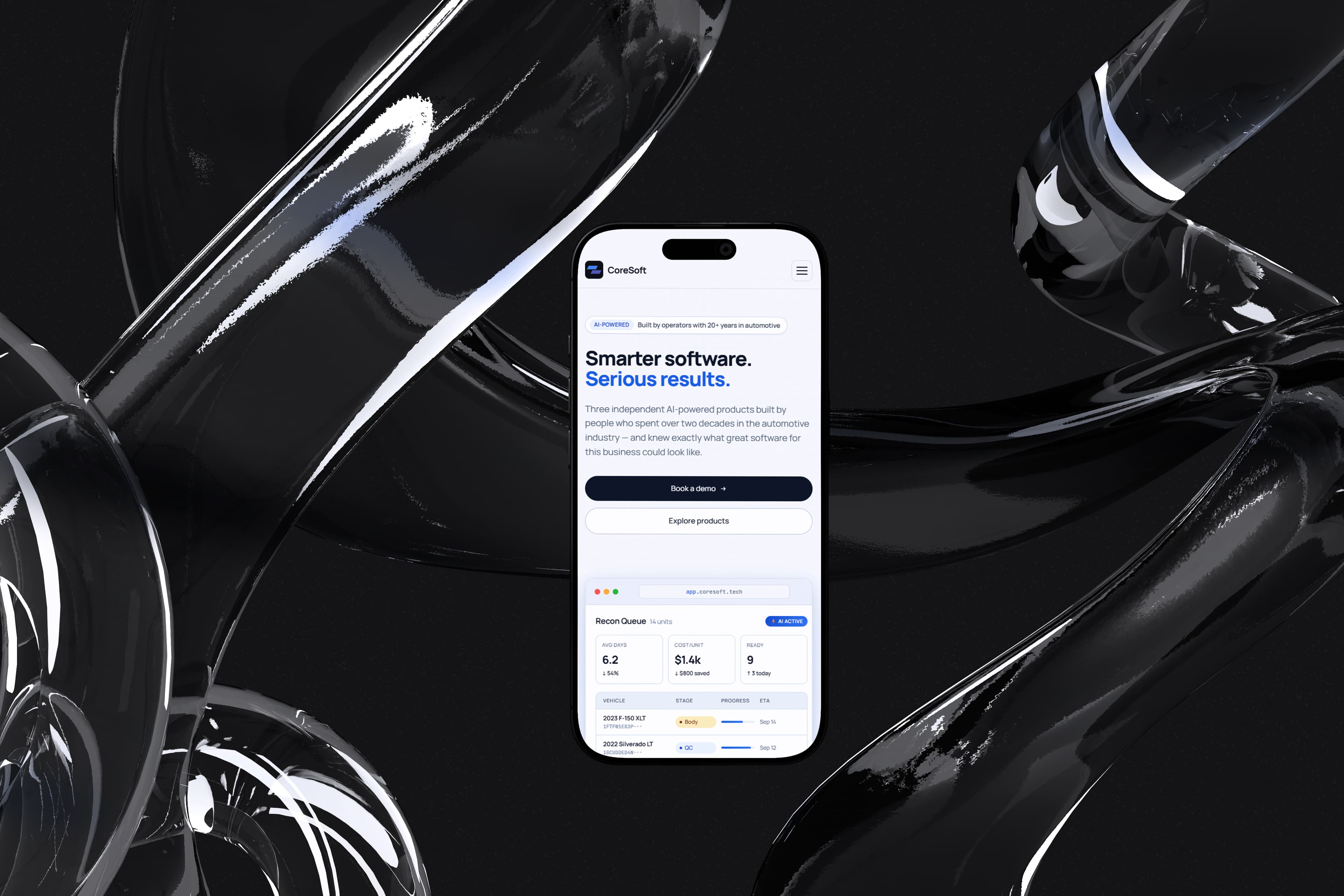 Coresoft mobile homepage — “Smarter software. Serious results.” with the Recon Queue dashboard