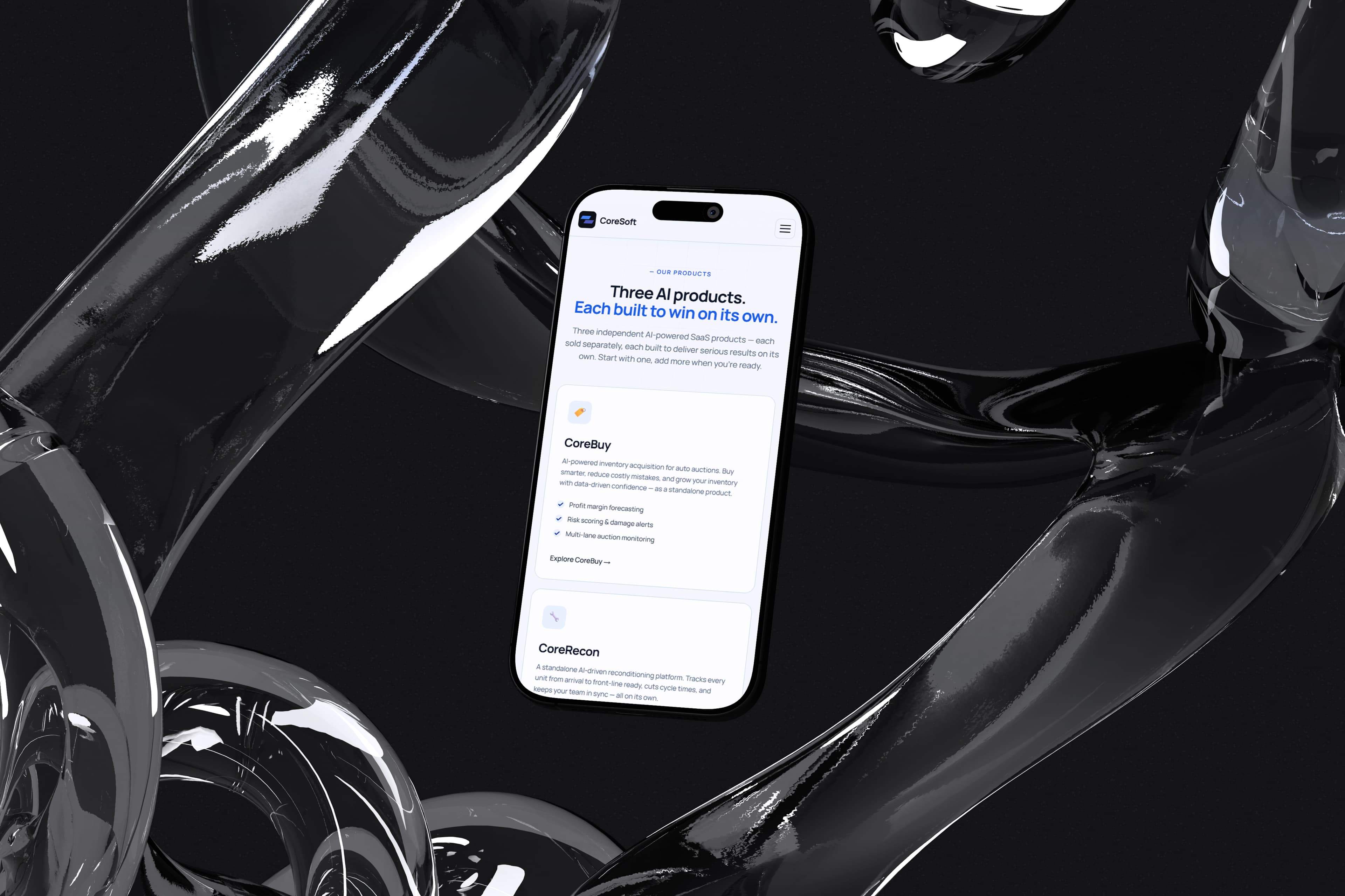 Coresoft mobile products page — “Three AI products. Each built to win on its own.”