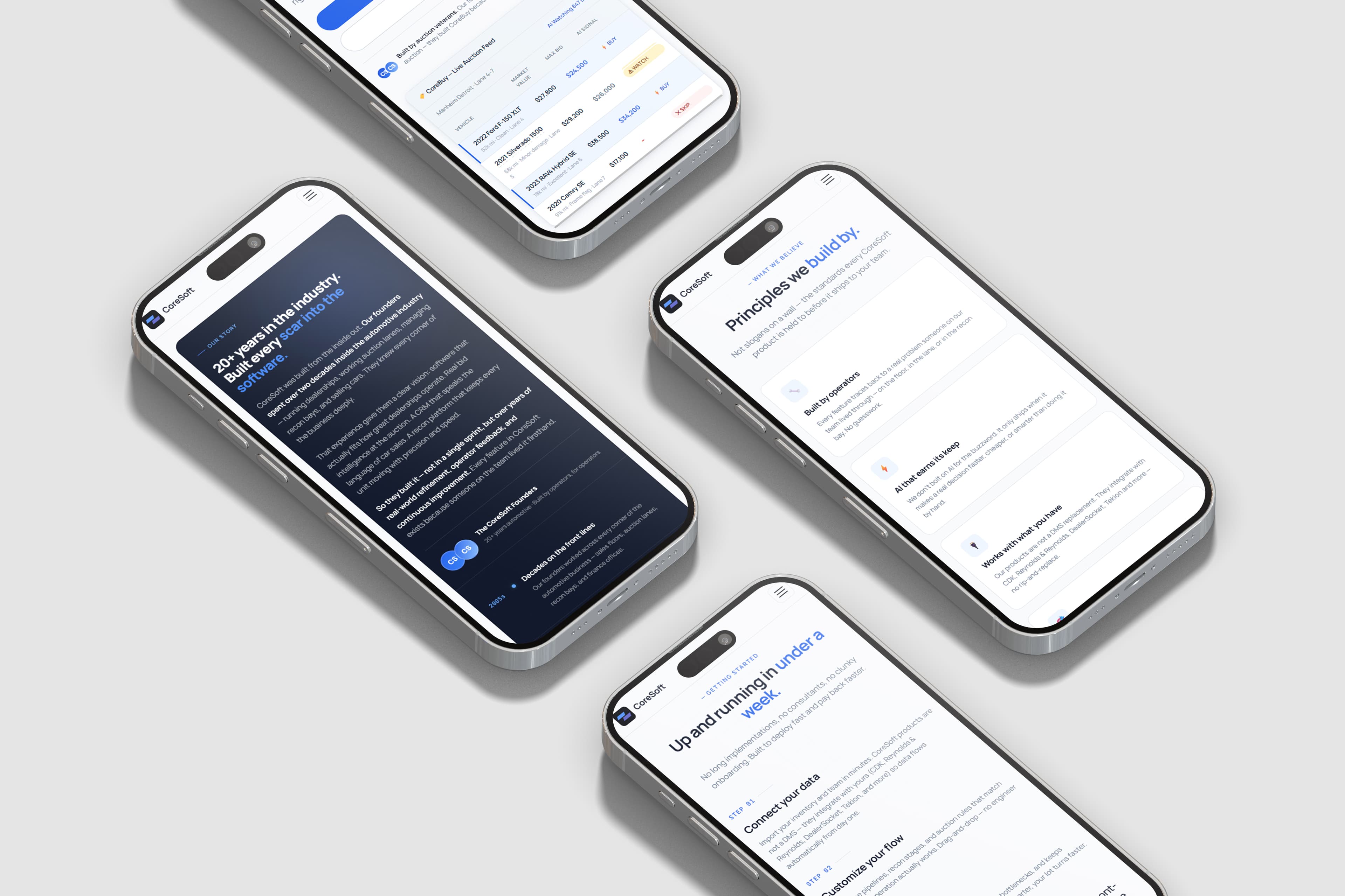Coresoft mobile screens — CoreBuy auction feed, the founders' story, principles and getting started