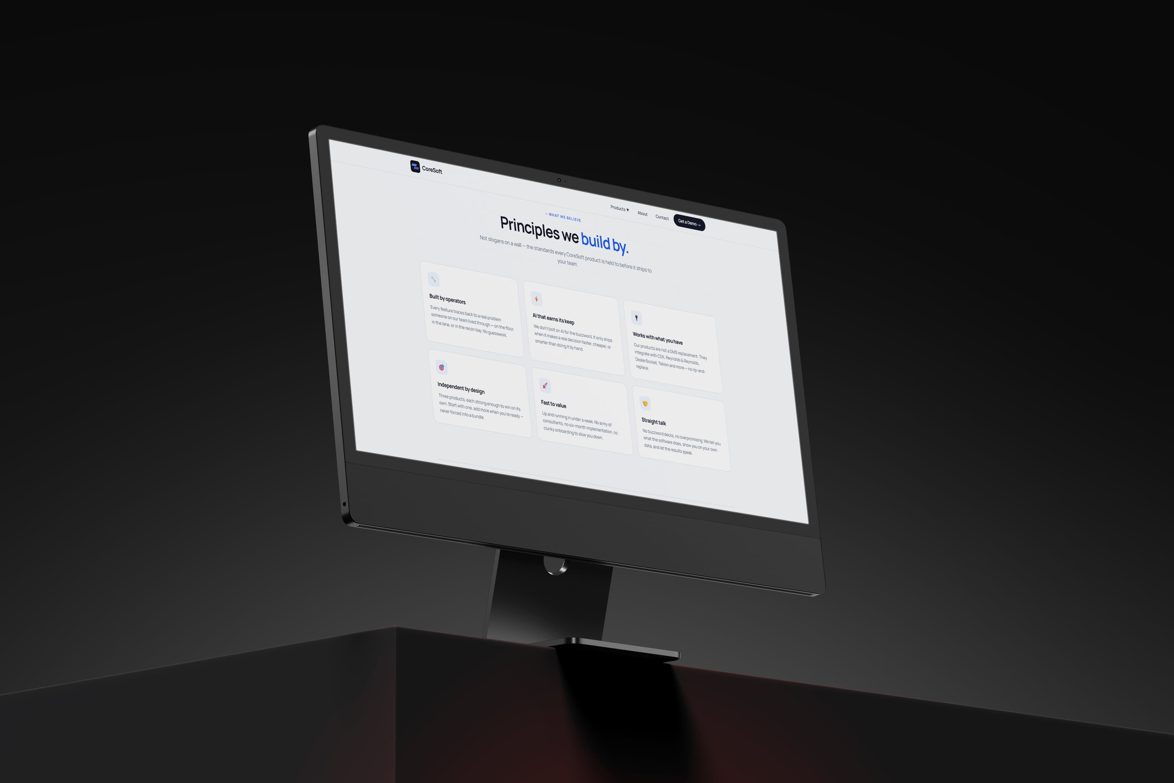 Coresoft “Principles we build by” page — operator-first, AI that earns its keep, works with your DMS, fast to value