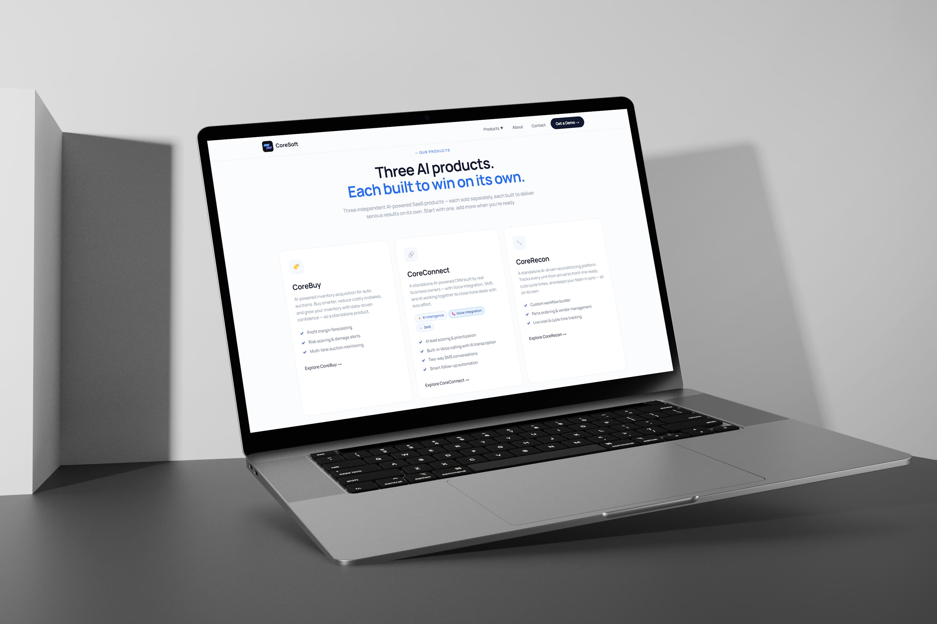 Coresoft products section — CoreBuy, CoreConnect and CoreRecon