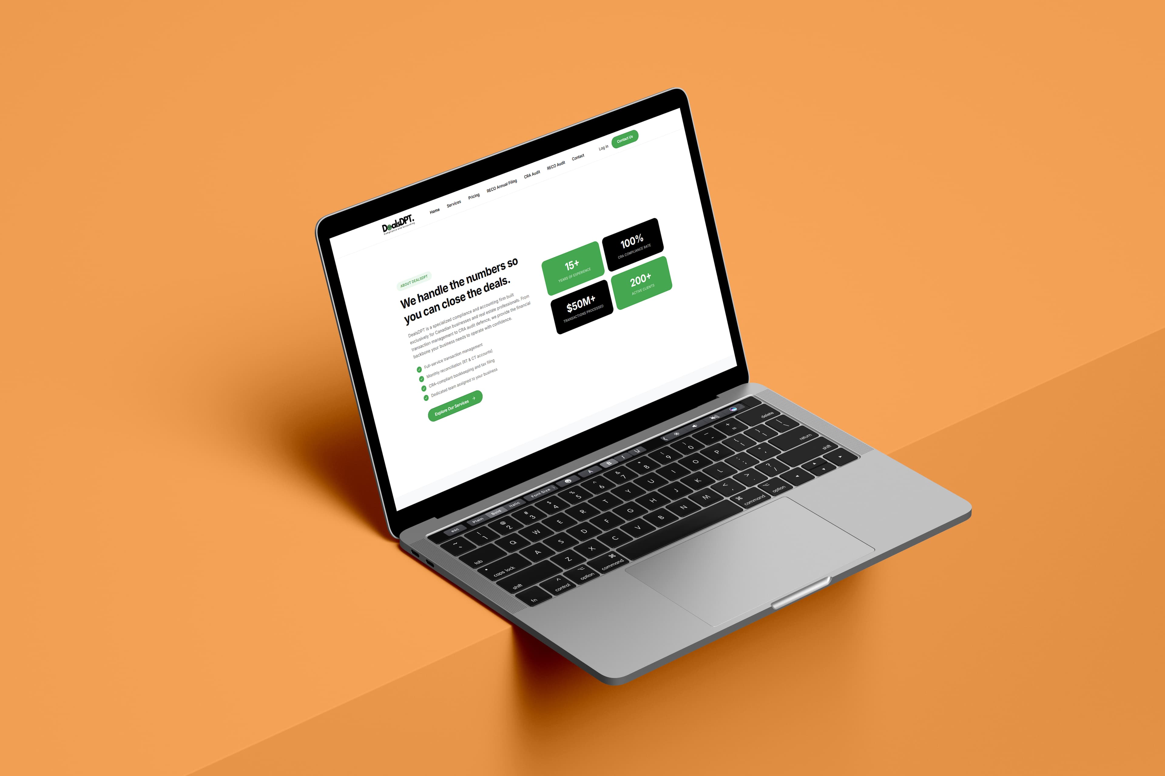 DealsDPT About section — “We handle the numbers so you can close the deals” — with key stats, shown on a laptop