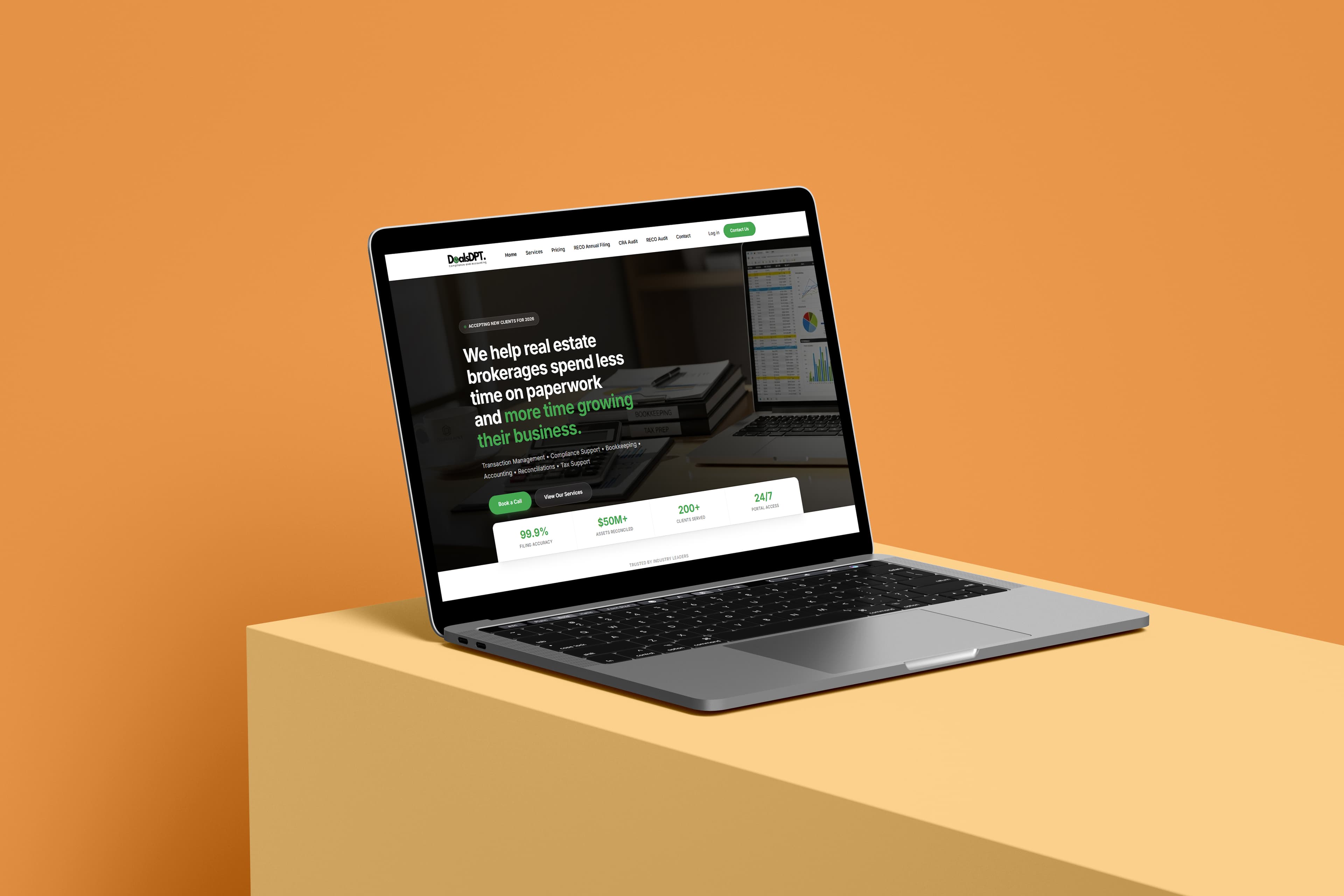DealsDPT homepage hero — “We help real estate brokerages spend less time on paperwork” — shown on a laptop
