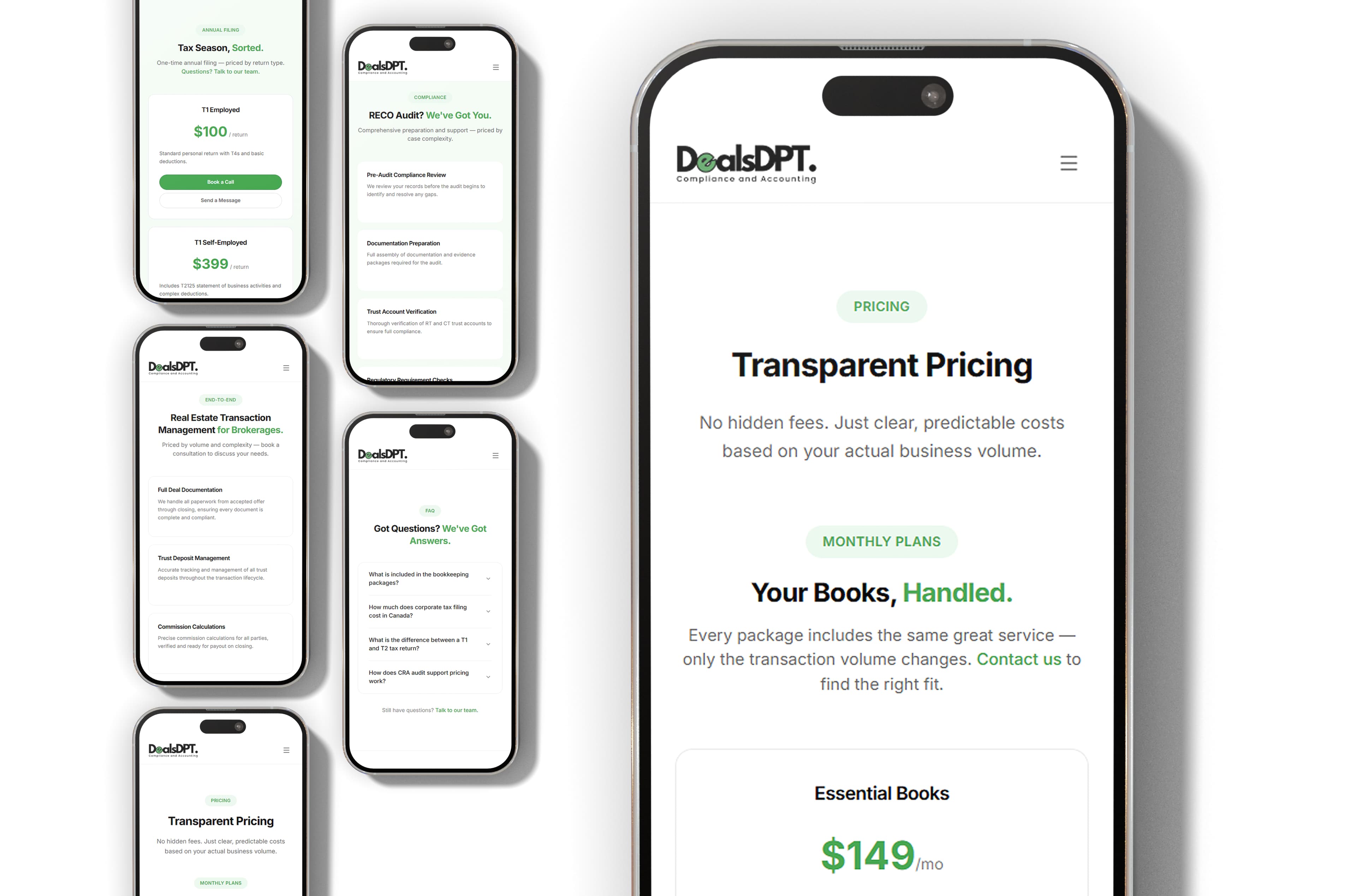 DealsDPT mobile screens — annual filing, RECO audit, transaction management, FAQ and pricing pages