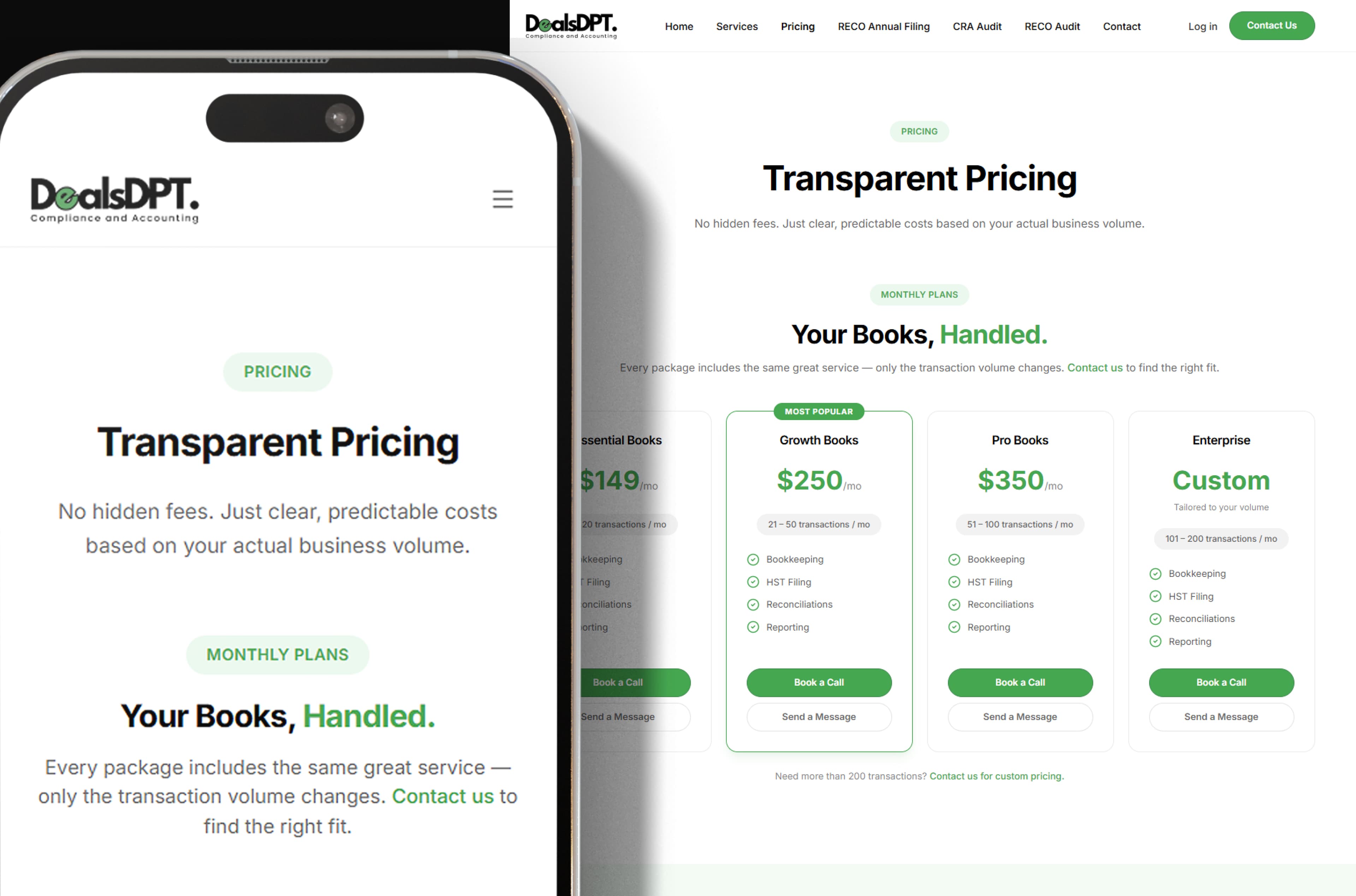 DealsDPT Transparent Pricing page on mobile beside the desktop monthly plans