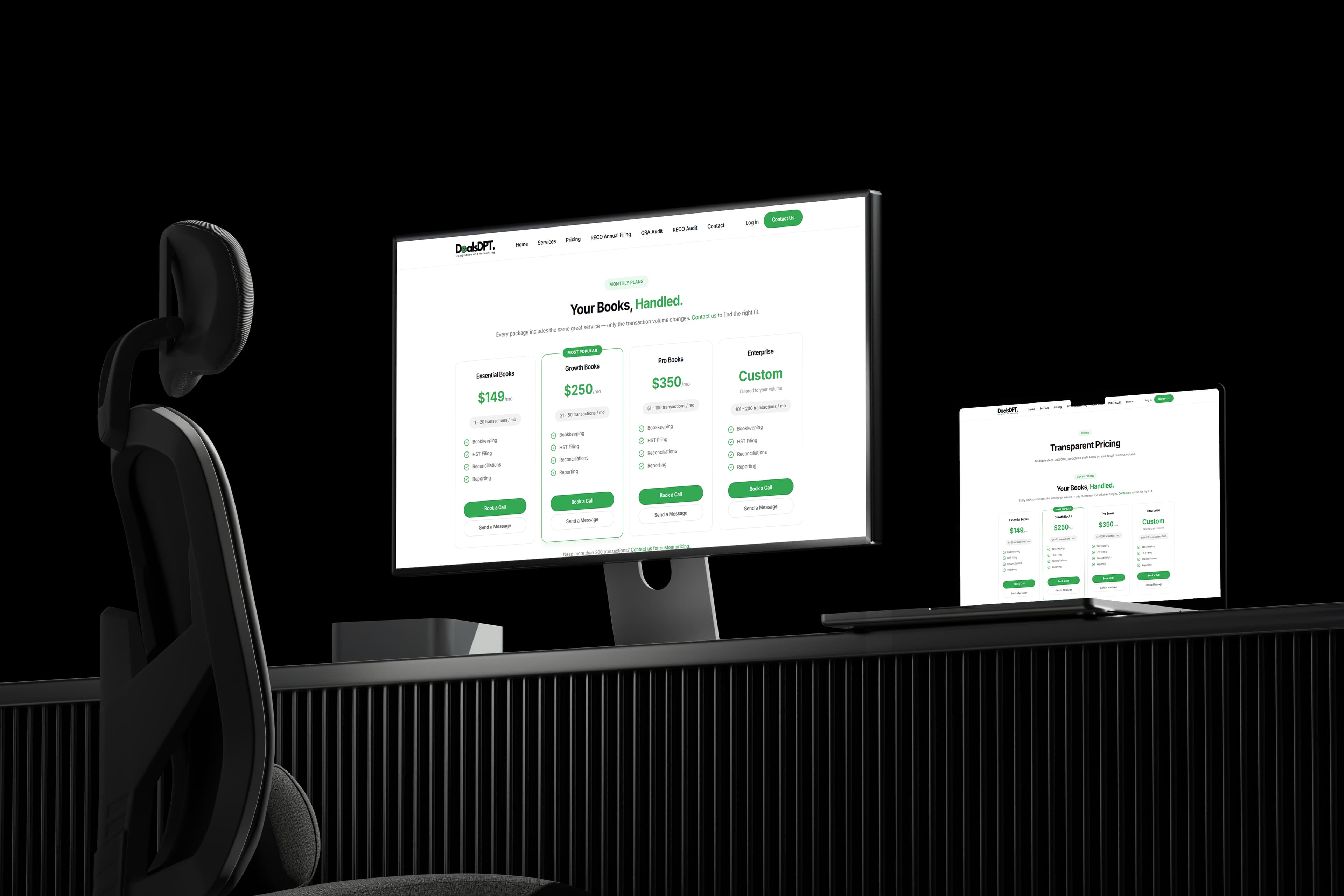 DealsDPT pricing page — monthly bookkeeping plans shown on a desktop monitor and laptop