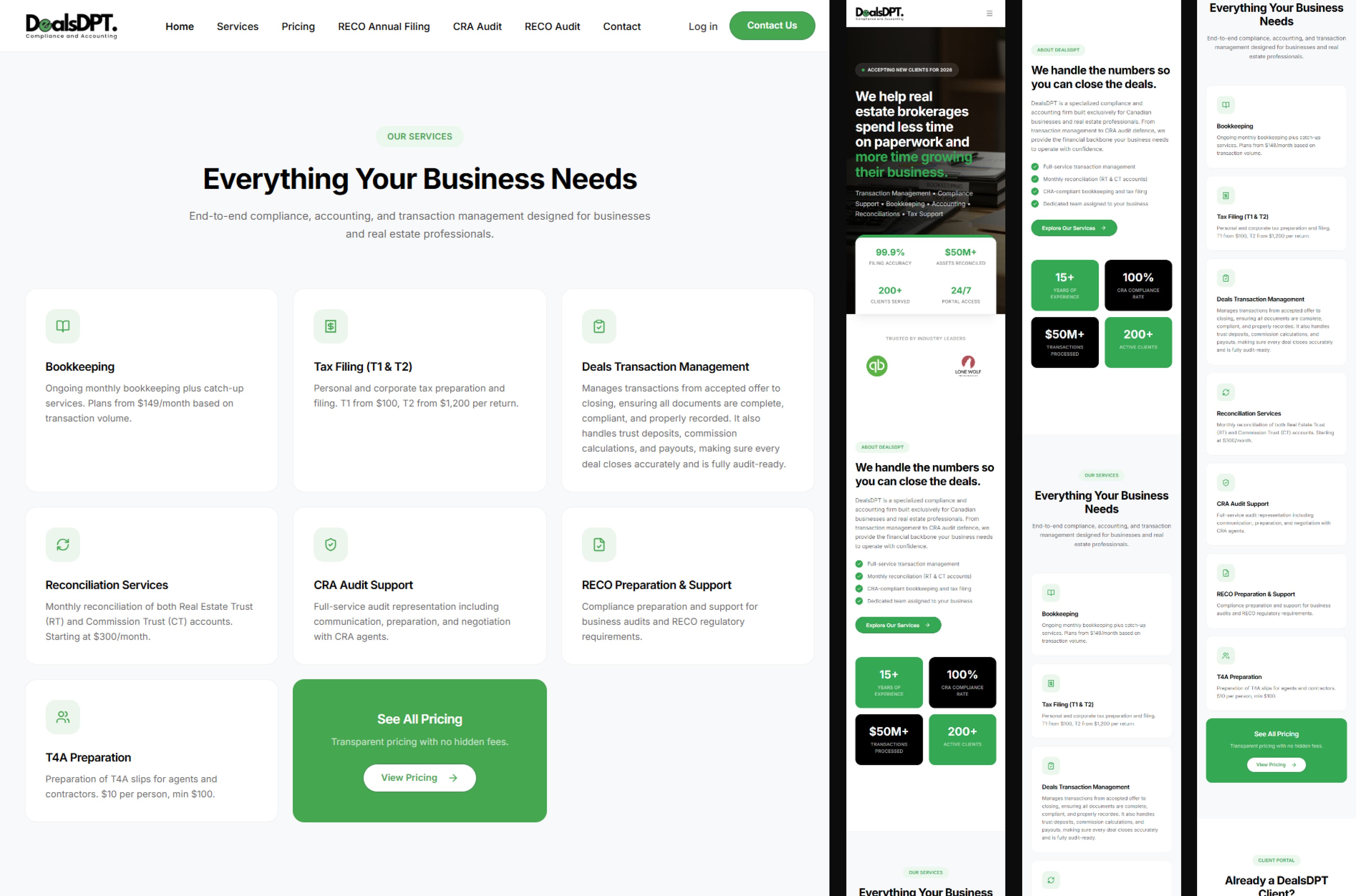 DealsDPT services page on desktop beside the homepage, About and Services sections on mobile