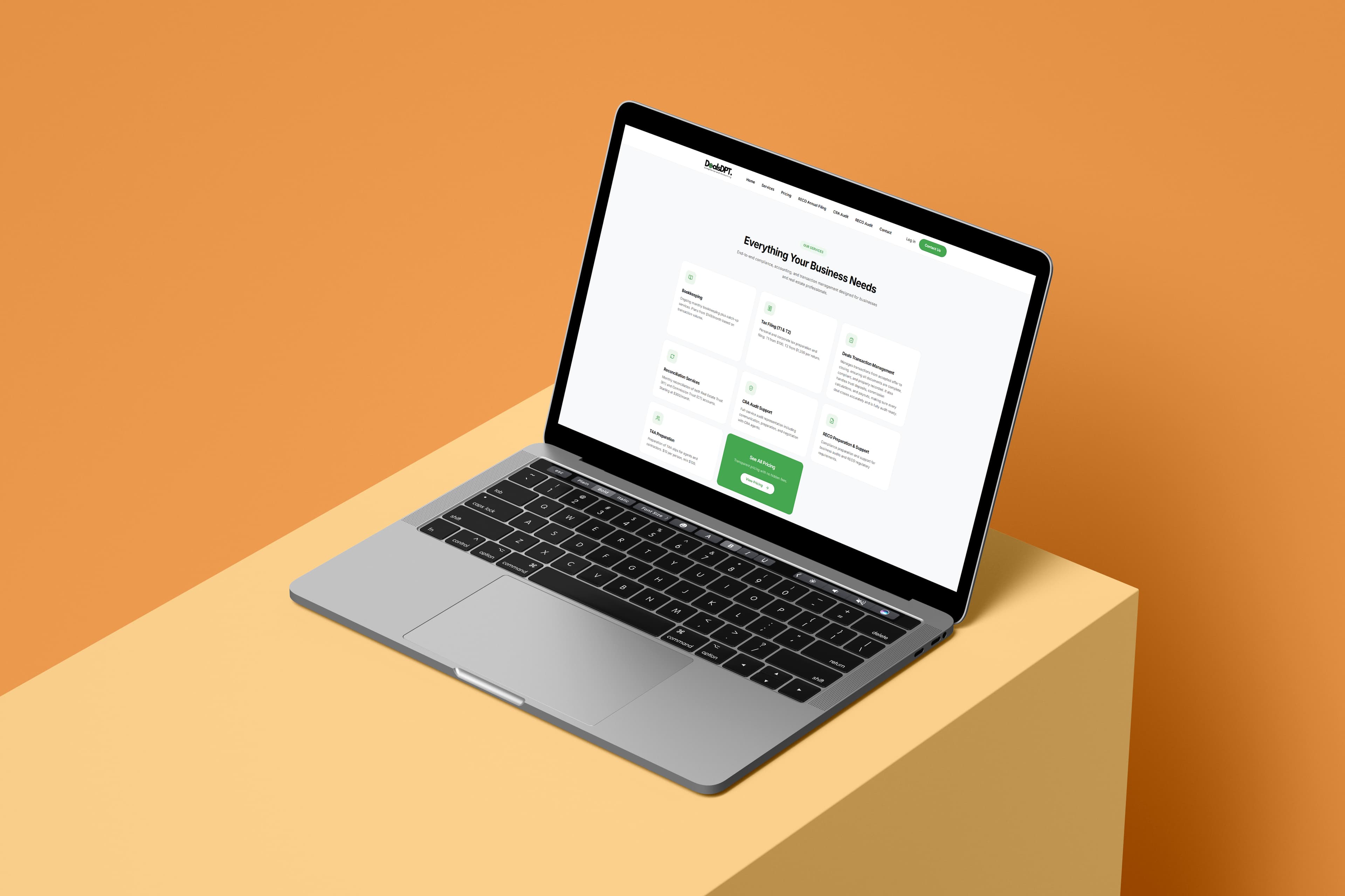 DealsDPT services page — “Everything Your Business Needs” service cards — shown on a laptop