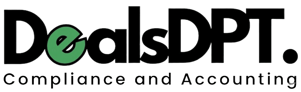 DealsDPT logo — wordmark with the leaf mark in the D