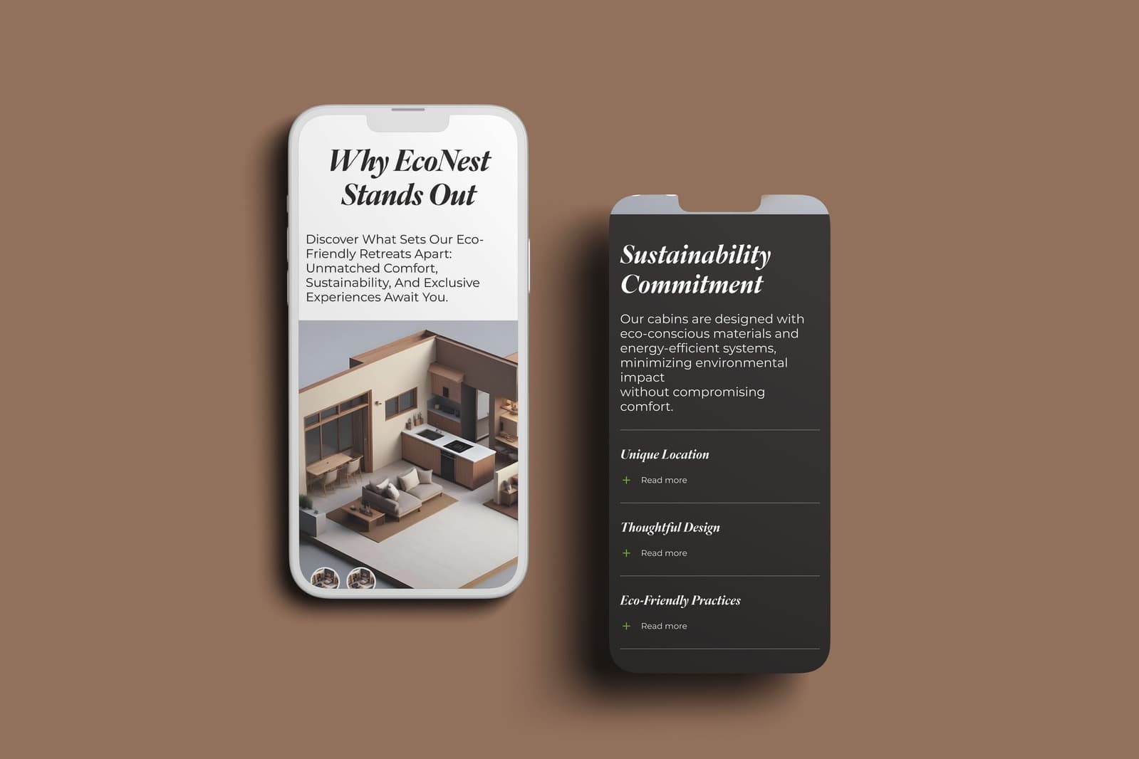 EcoNest mobile views of the features and sustainability sections