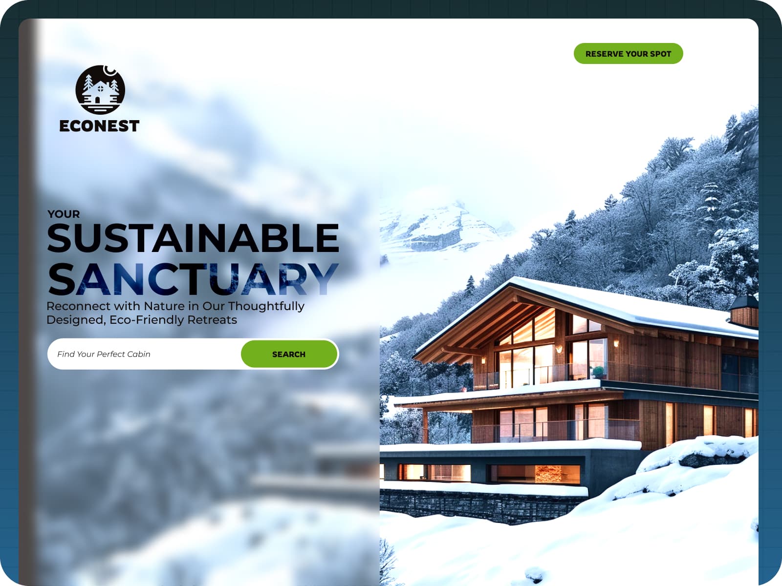 EcoNest landing page — your sustainable sanctuary, eco-friendly cabin retreats
