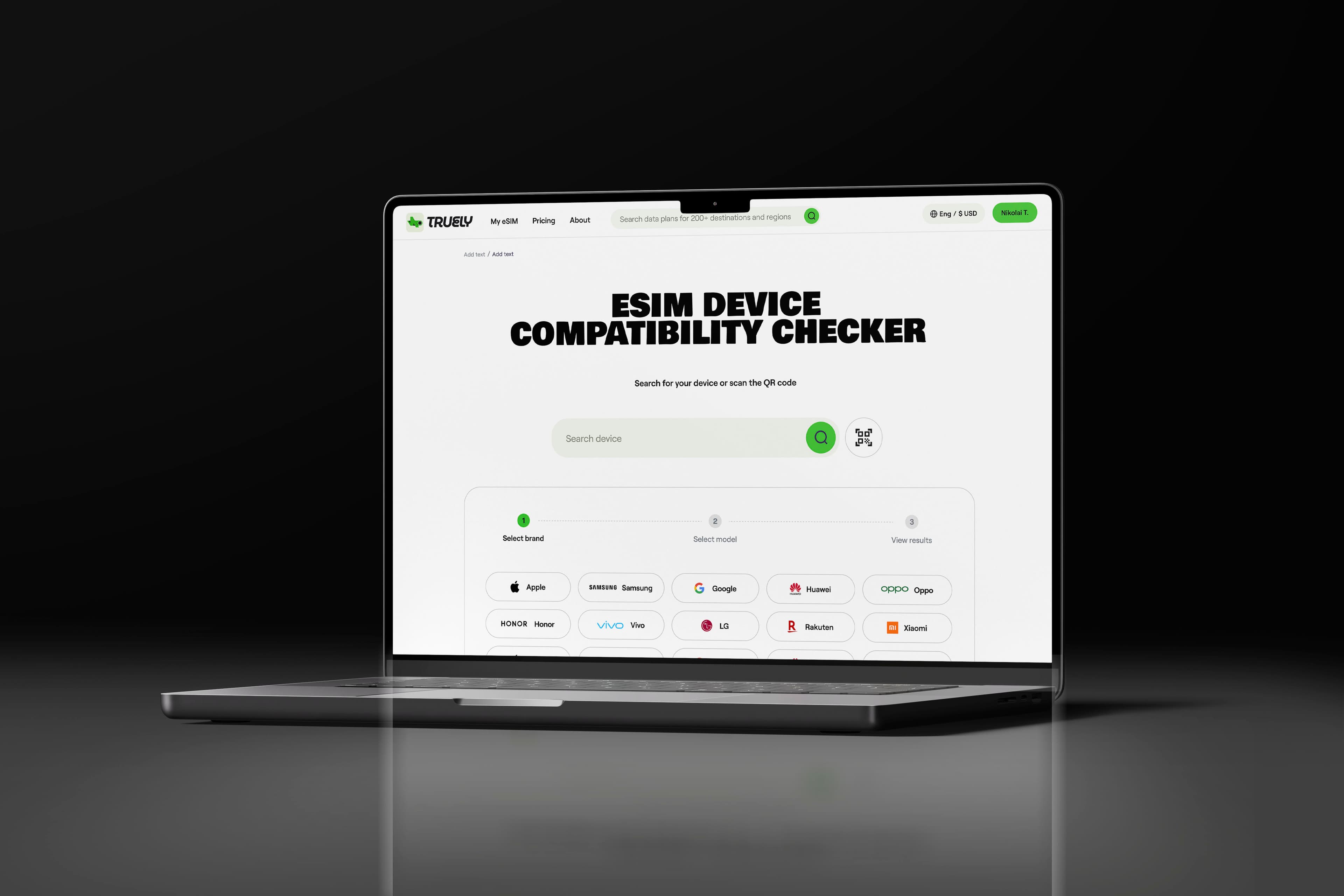 TRULY eSIM device compatibility checker shown on a laptop