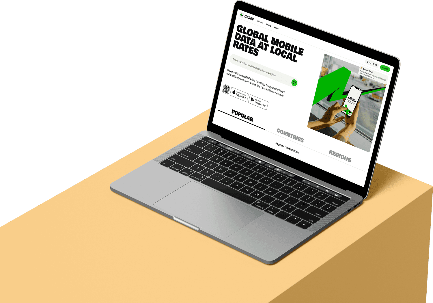 TRULY eSIM homepage shown on a laptop mockup