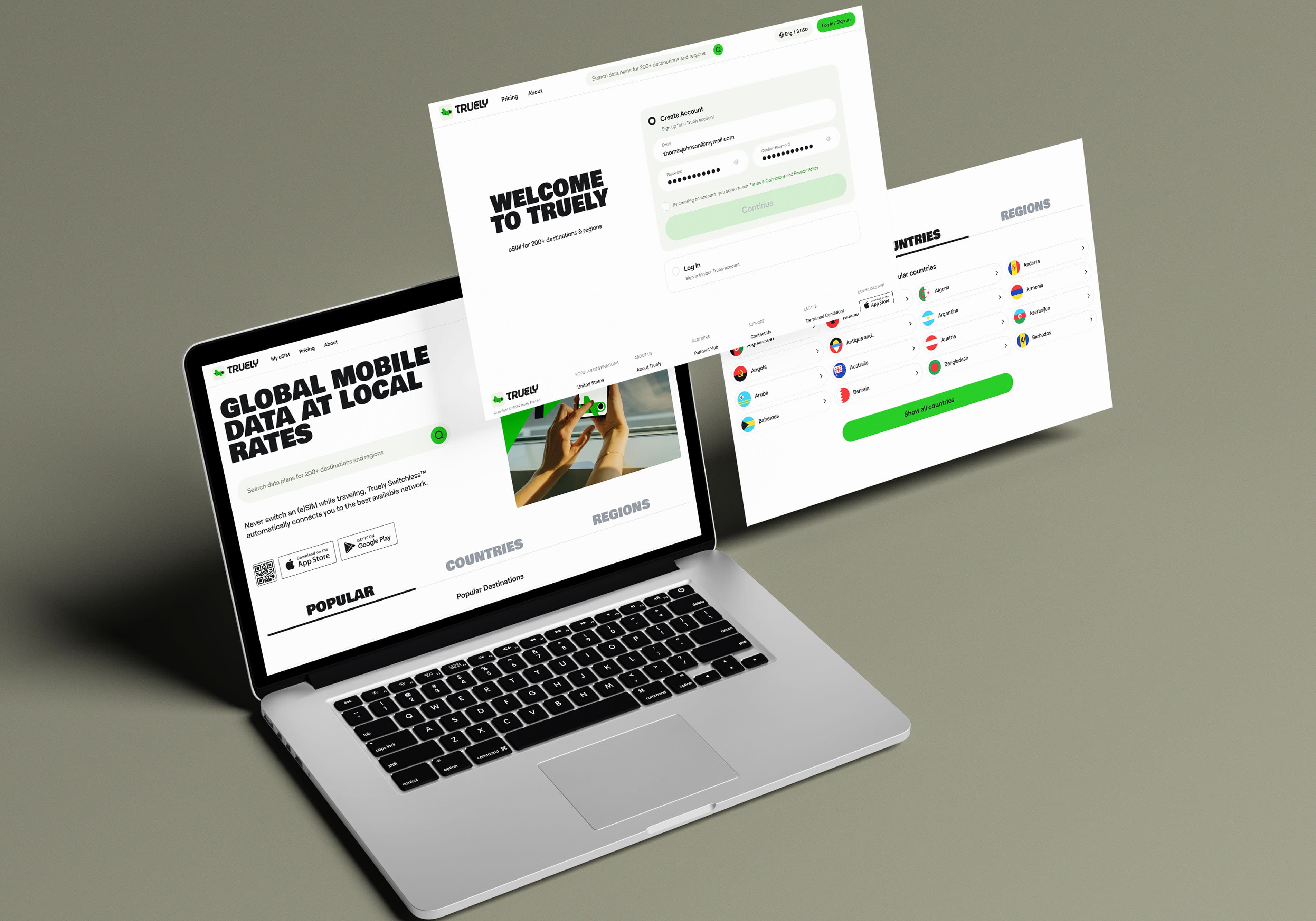 TRULY eSIM homepage and account screens floating around a laptop