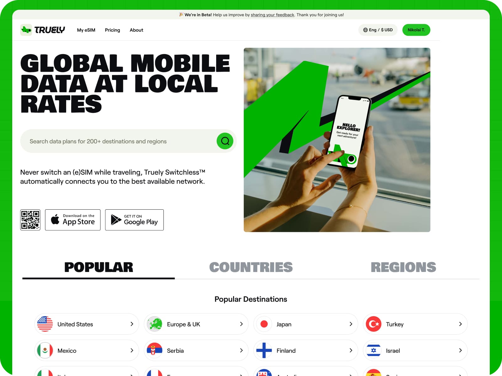 TRULY eSIM landing page — global mobile data at local rates