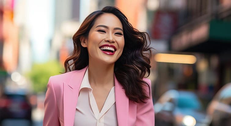 Emily Chen, a marketing executive smiling on a city street