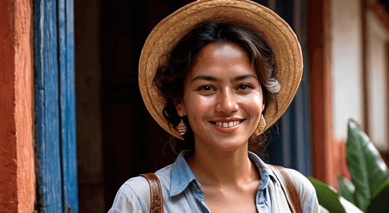 Sarah Patel, a young traveller wearing a straw hat