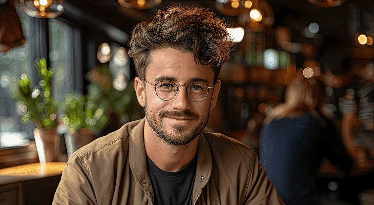 Jake Thompson, a freelance web developer working in a café