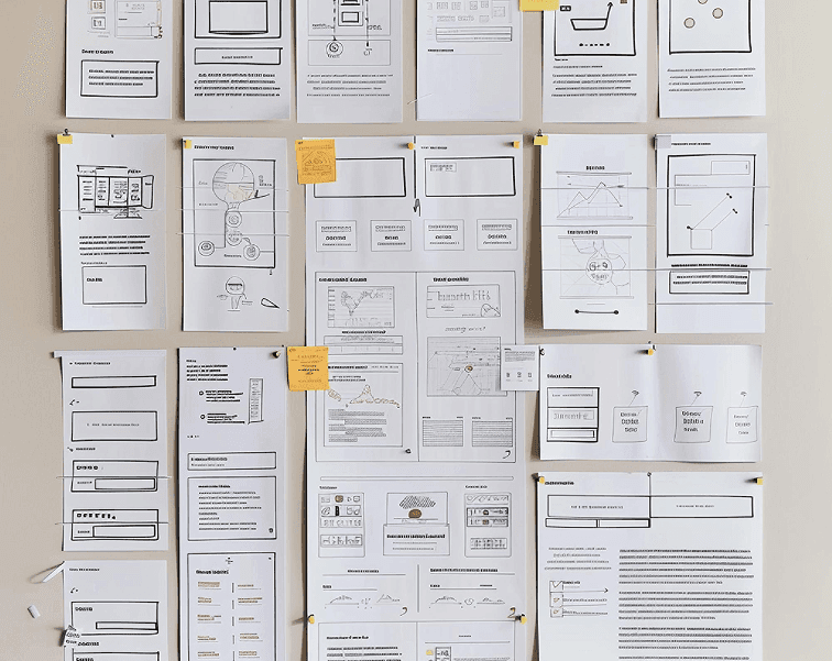 Hand-drawn wireframe sketches pinned to a wall during early design